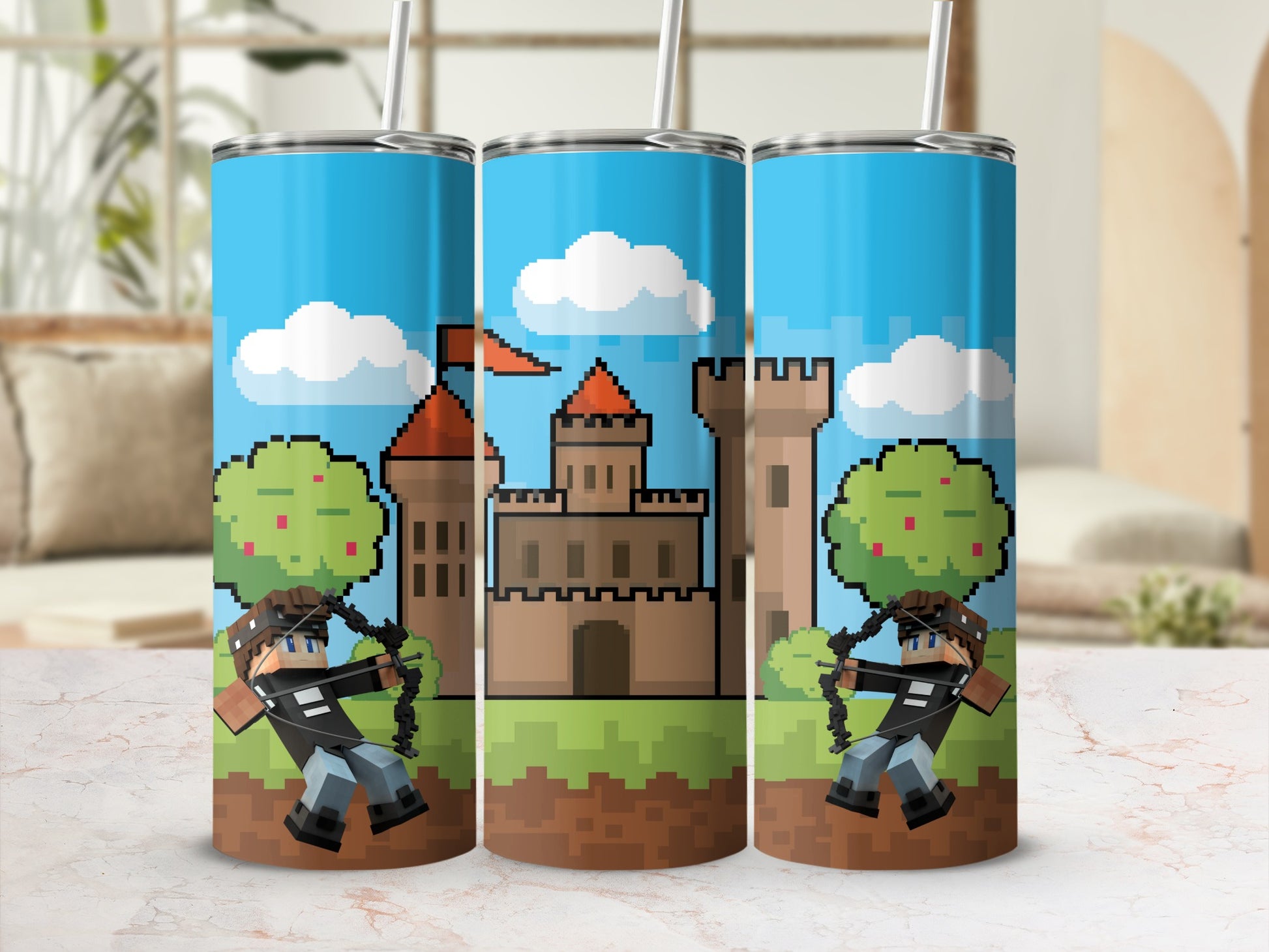 Pixel Art Castle with Archer Background tumbler