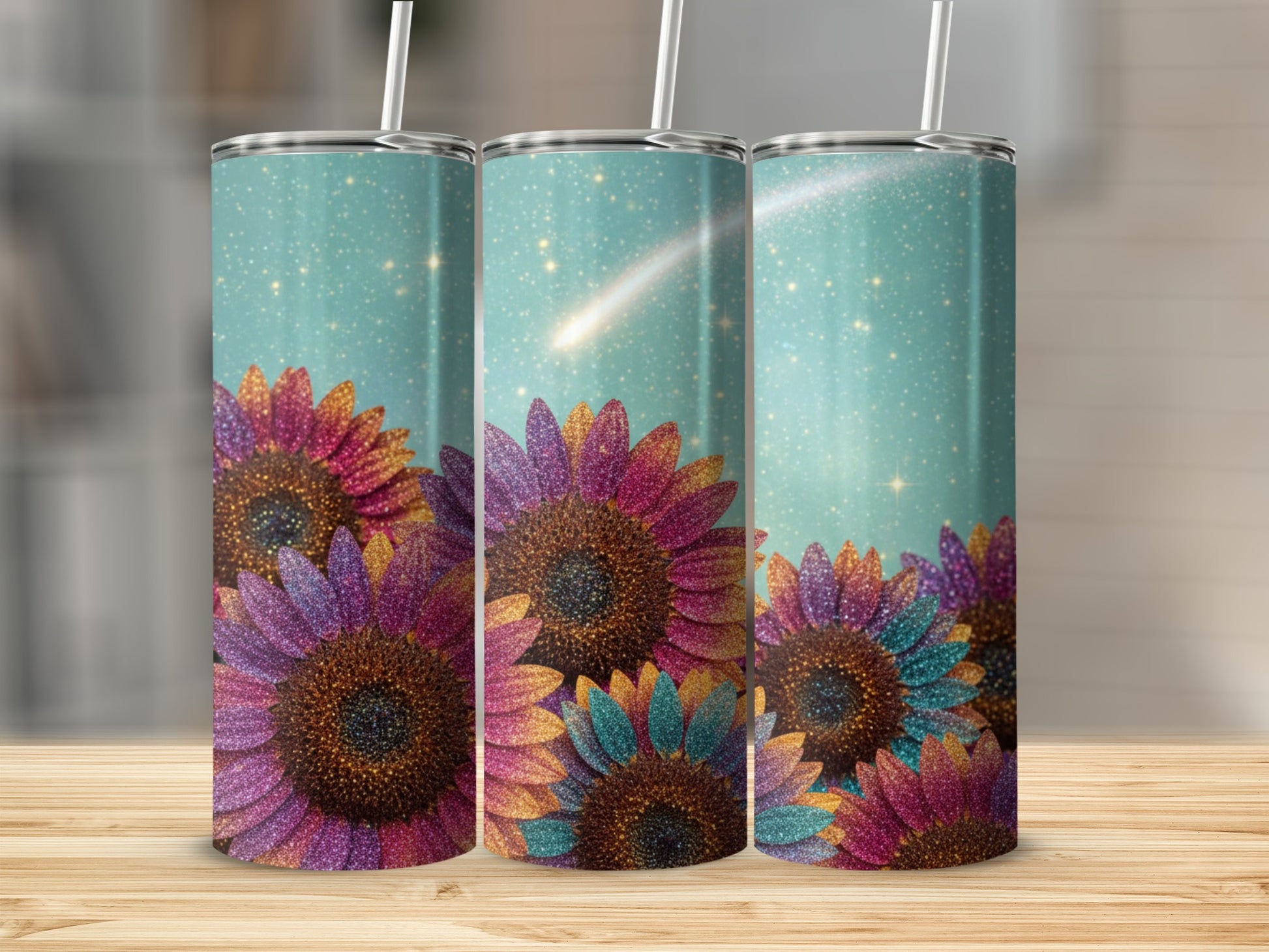 Sparkling Sunflower Tumbler with Straw Double Wall Flask