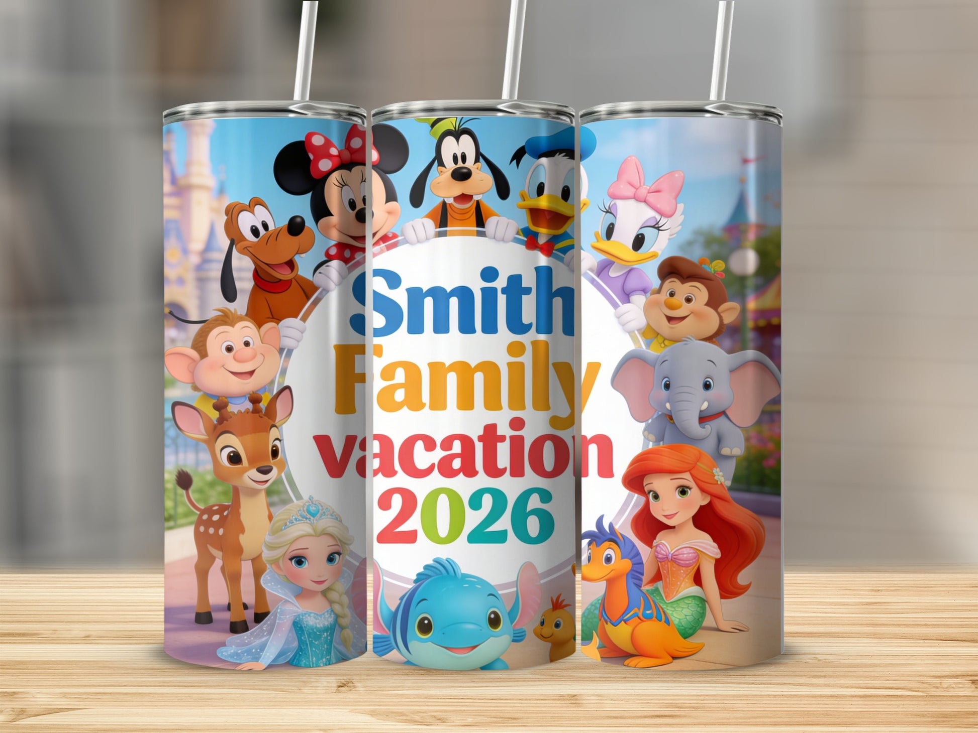 Disney characters surround "Smith Family Vacation 2026" text on a tumbler.