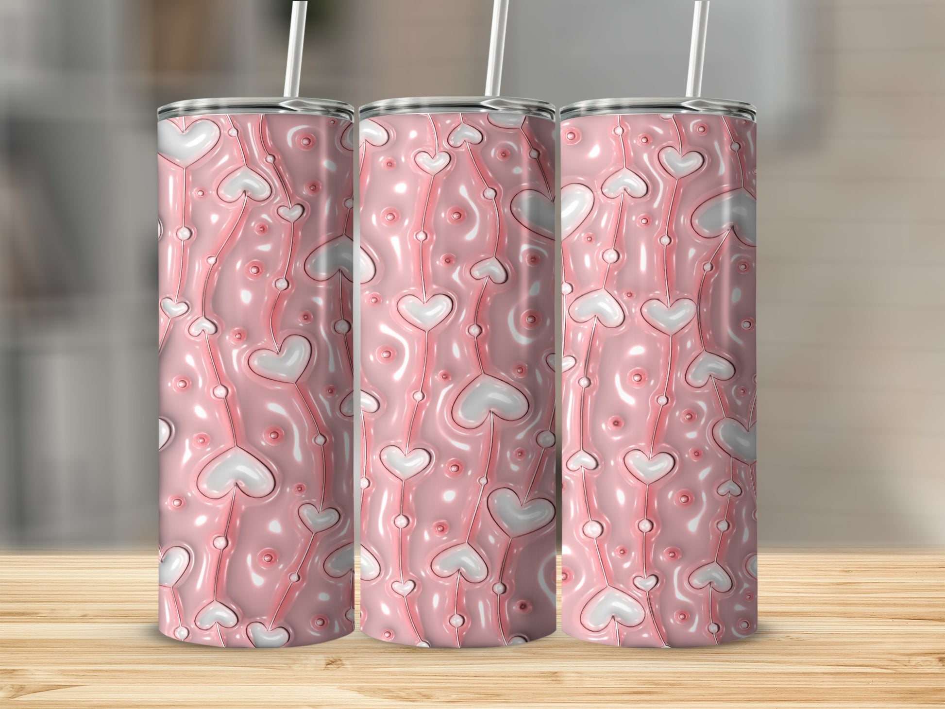Pink Heart Patterned Tumbler With Straw 20oz Cup