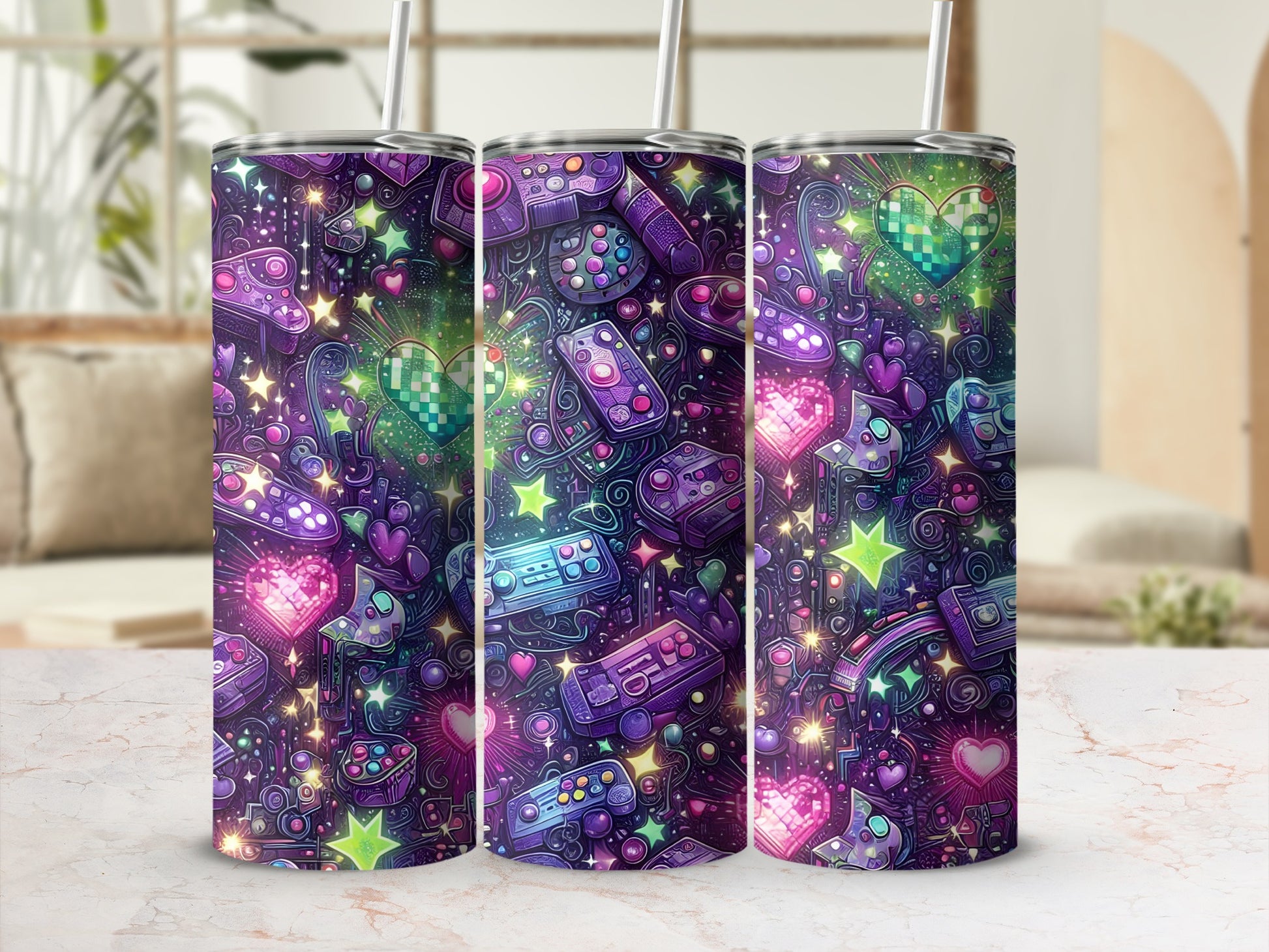 Triptych of tumblers featuring a vibrant, retro video game and hearts pattern.