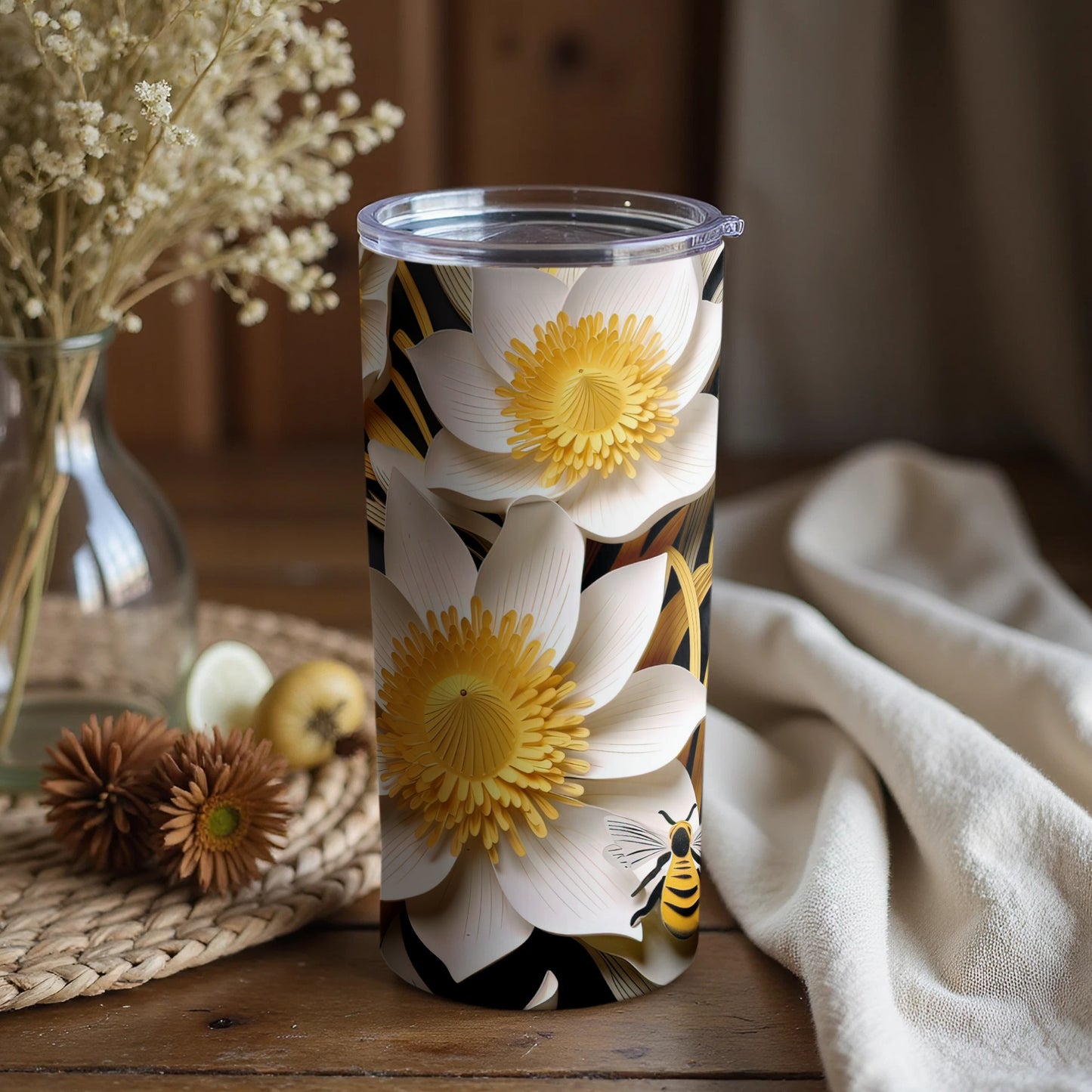 White Lotus and Bee Patterned Travel Mug