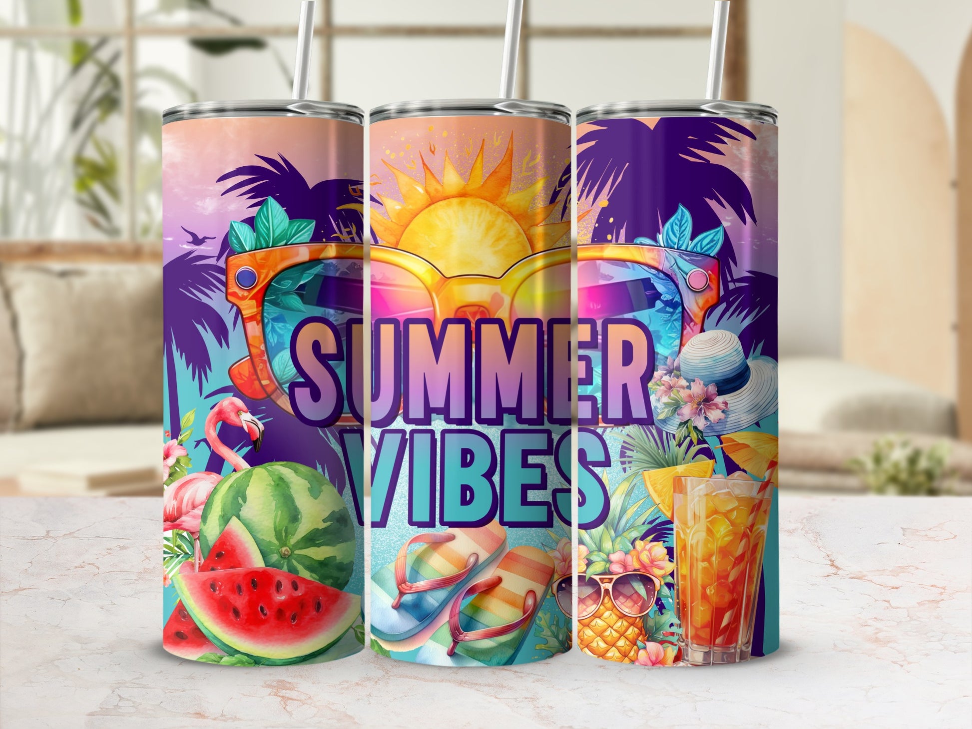 Three tumblers with summer themes: watermelon, sunglasses, and tropical drinks.