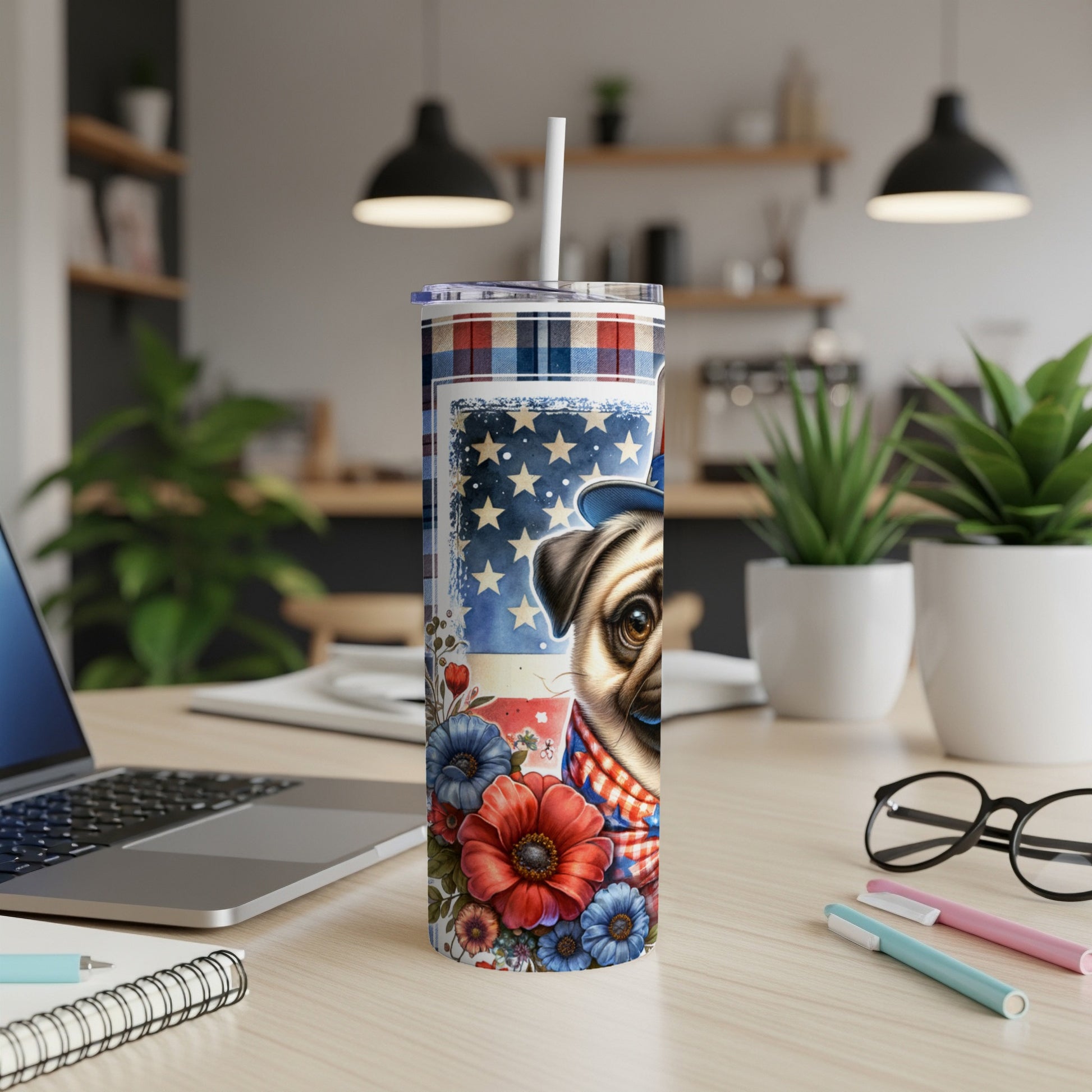 Pug with patriotic hat and flowers on a striped tumbler.