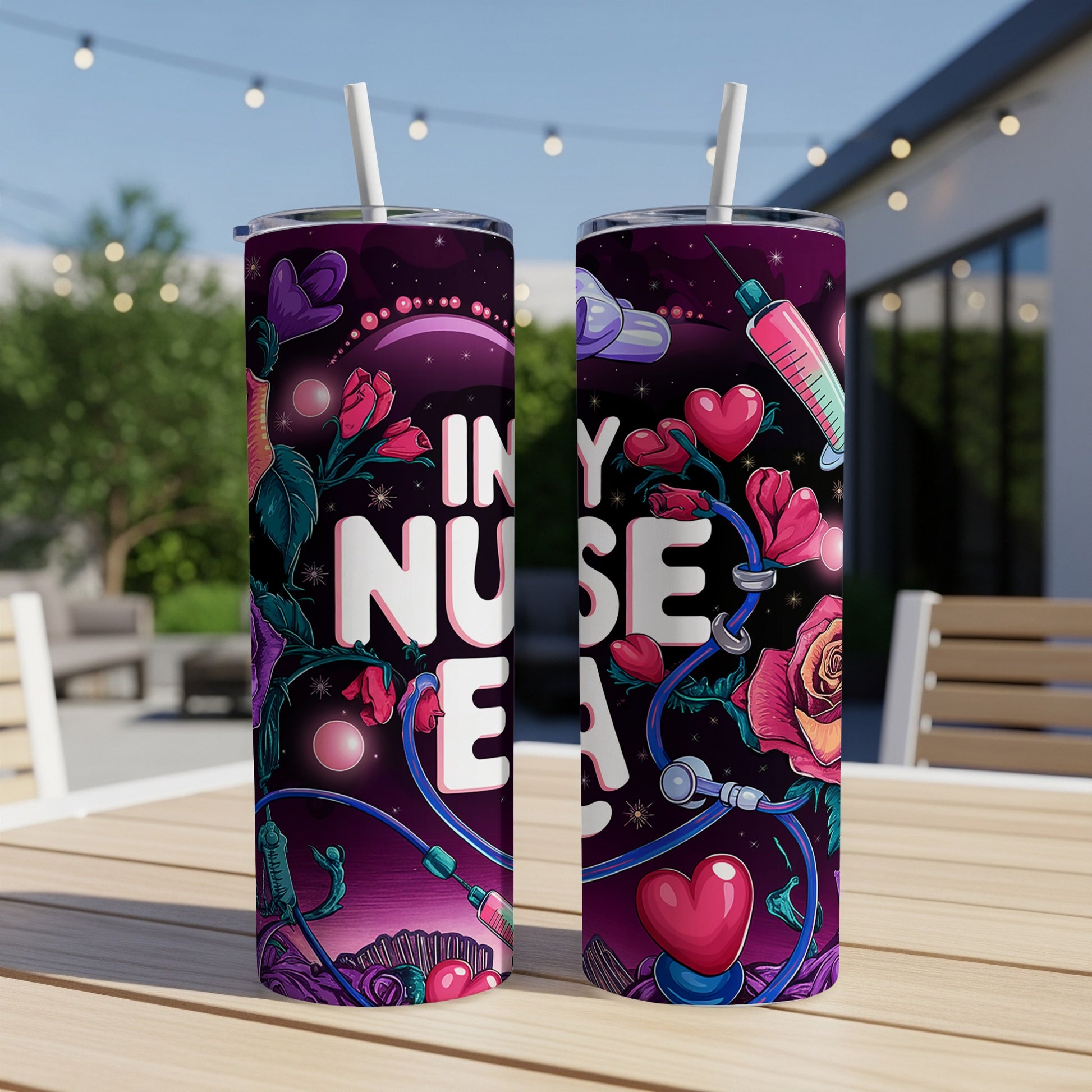 Pink and purple tumbler with "IN MY NURSE ERA" text and medical symbols.