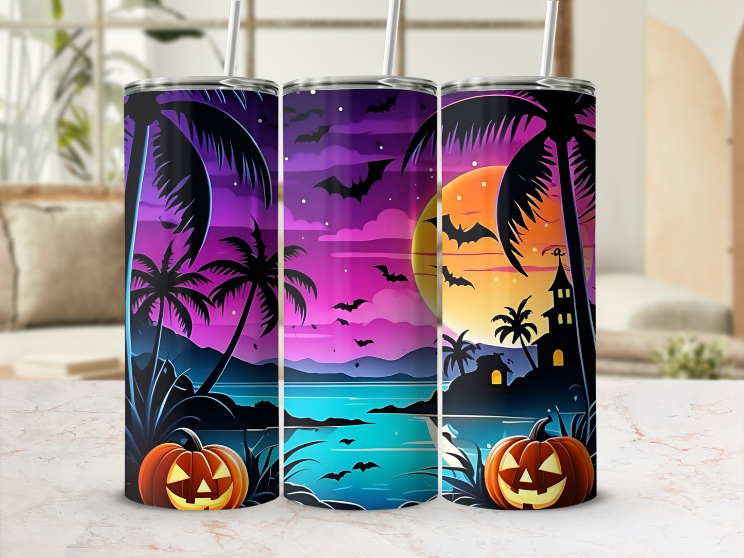 Three tumblers with tropical Halloween scenes, palm trees, bats, and pumpkins.