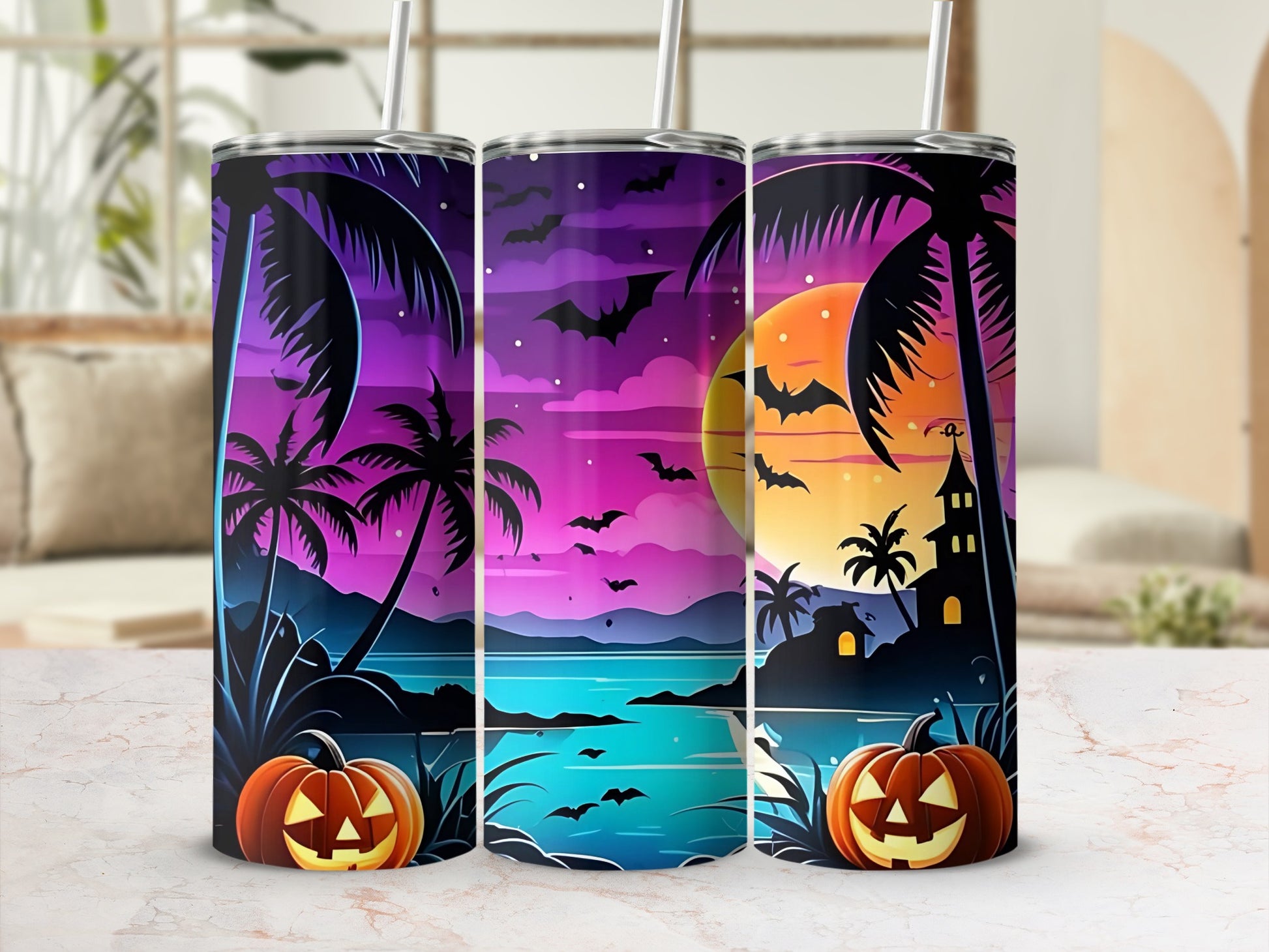 Three tumblers with tropical Halloween scenes, palm trees, bats, and pumpkins.