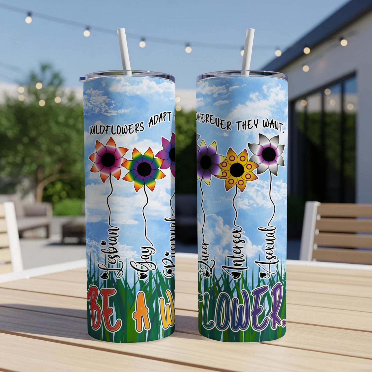 Rainbow wildflowers with LGBTQ+ pride labels on a tumbler.