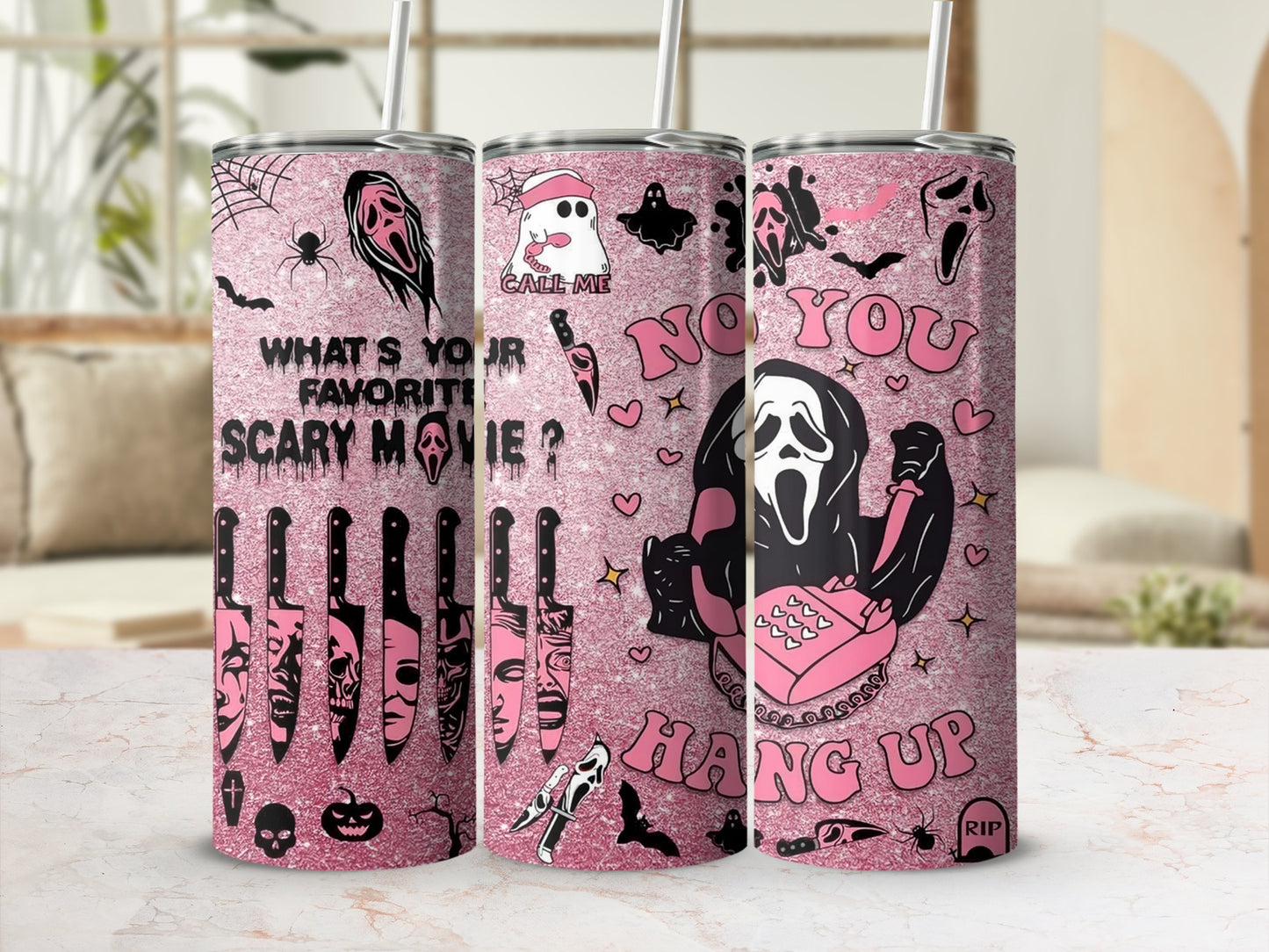 Pink glitter tumbler with horror movie monsters and knives, "What's Your Favorite Scary Movie?"
