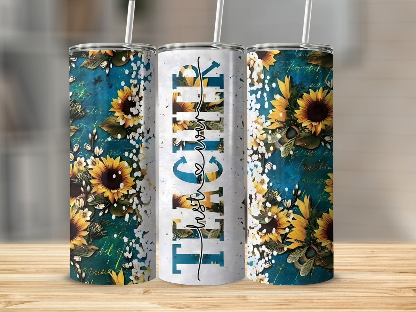 Three tumblers with sunflowers and "Teacher" text on blue background.