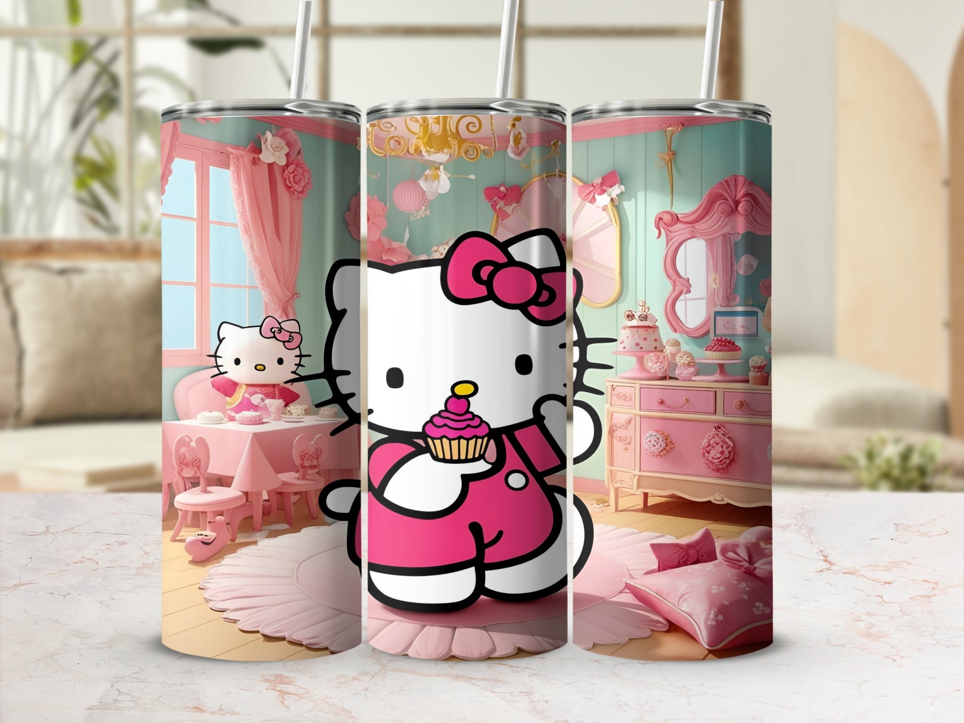 Hello Kitty holding a cupcake in a pink, whimsical room.