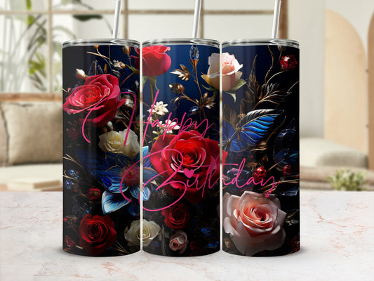 Floral tumbler with "Happy Birthday" text, featuring red and white roses.