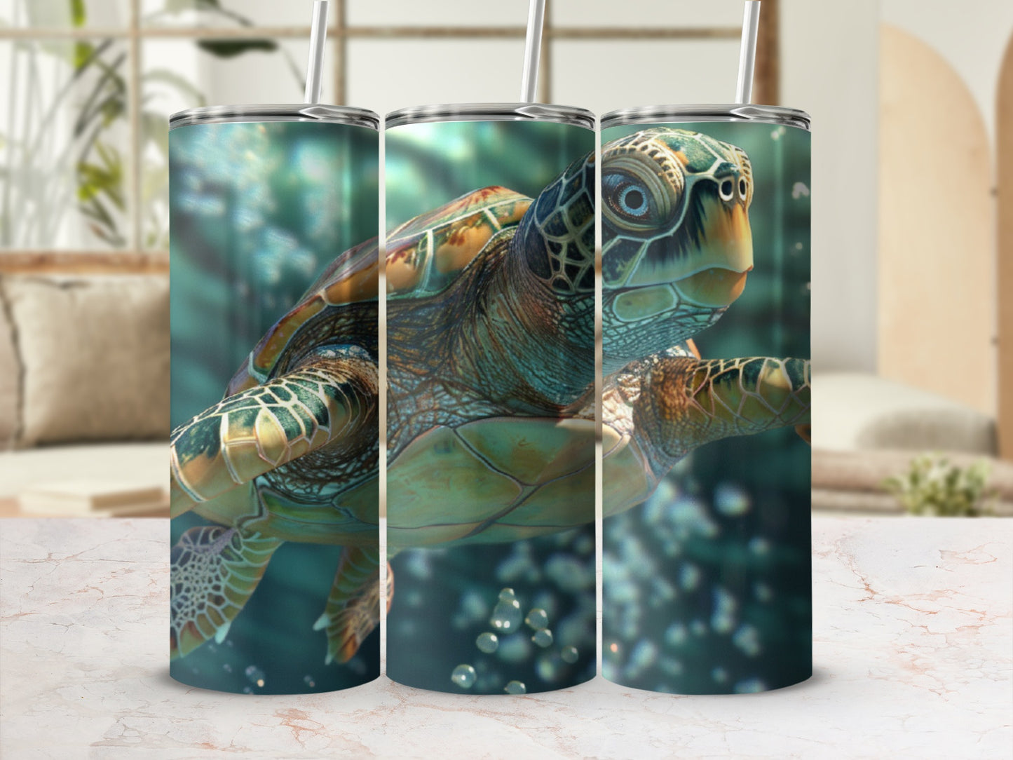 Green sea turtle swimming underwater with bubbles and blurred background.