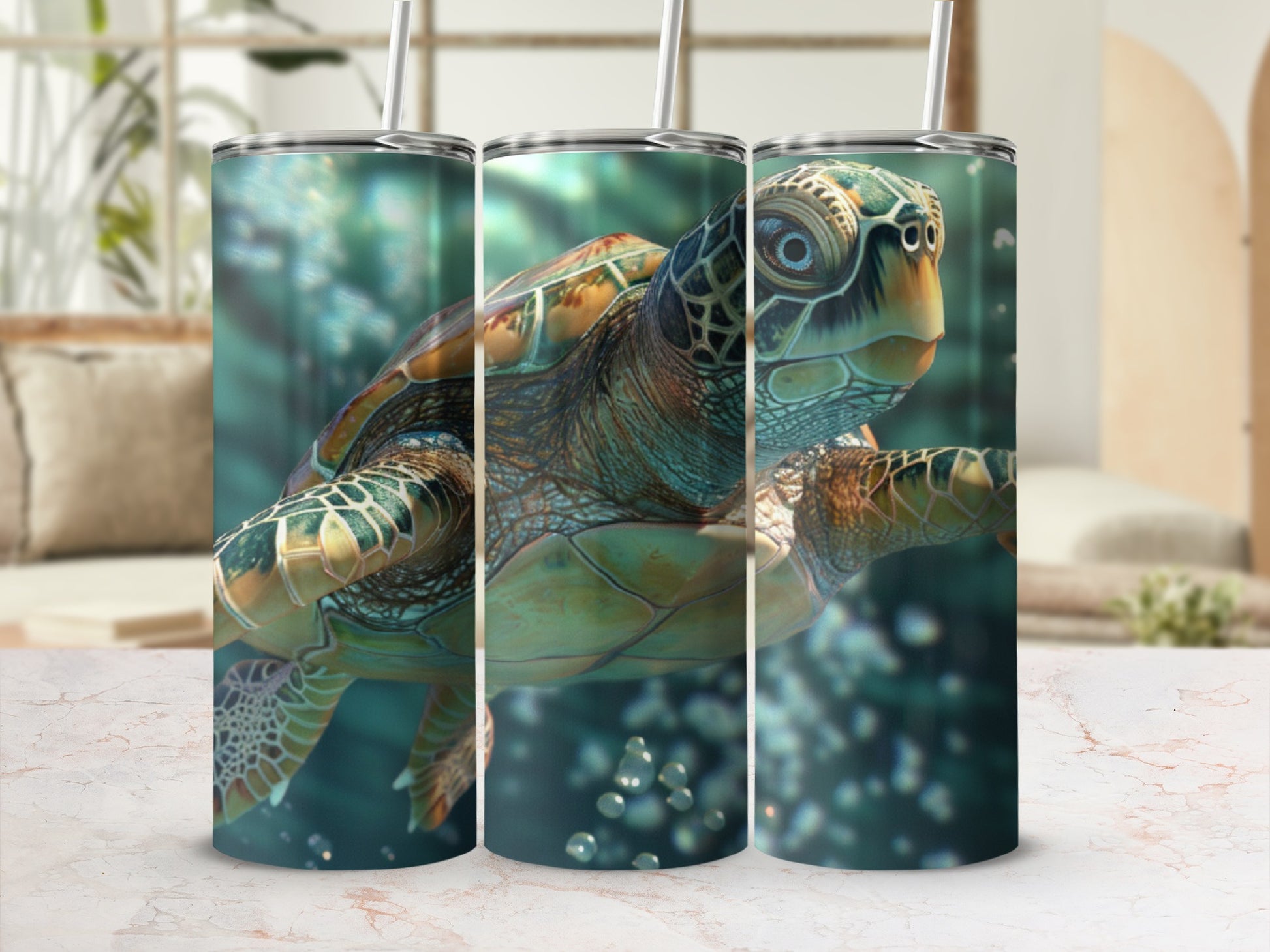Green sea turtle swimming underwater with bubbles and blurred background.