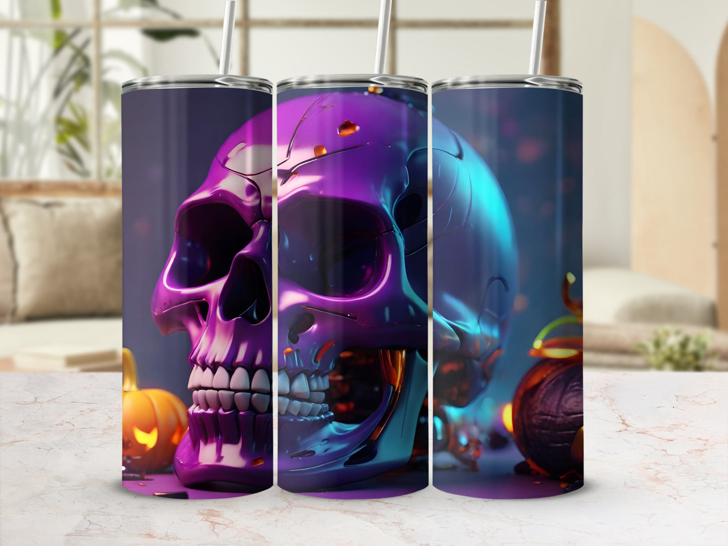 Purple metallic skull tumbler with Halloween pumpkins on shelf.