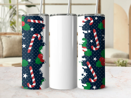 Festive Candy Cane and Holly Tumbler with Straw