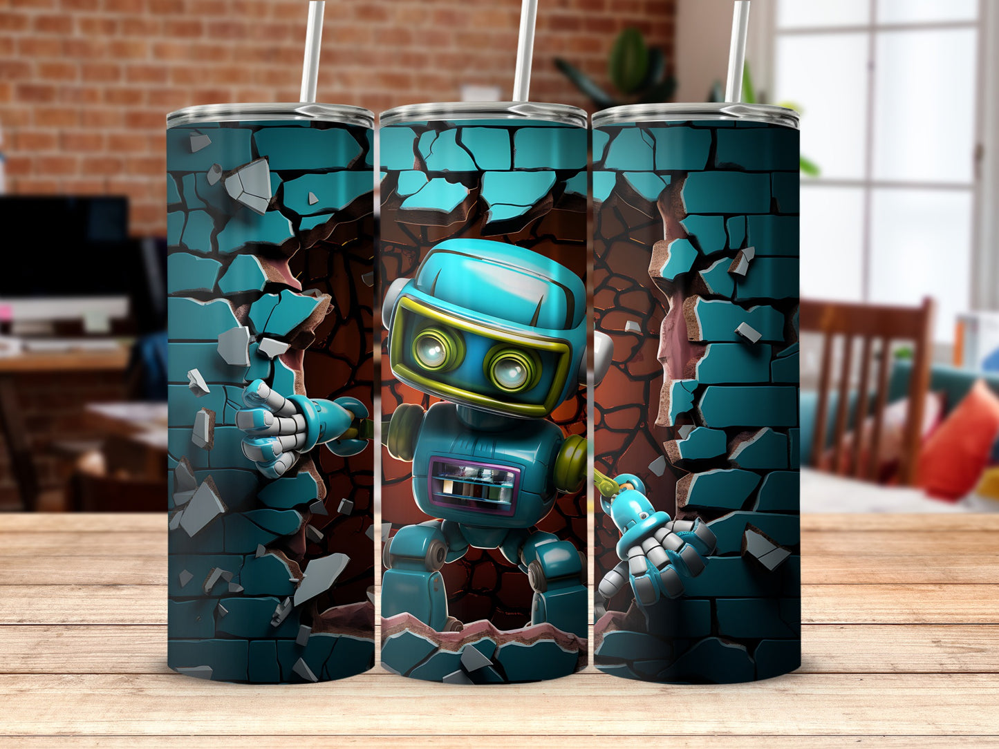 Robot Smashing Through Brick Wall Art Tumbler