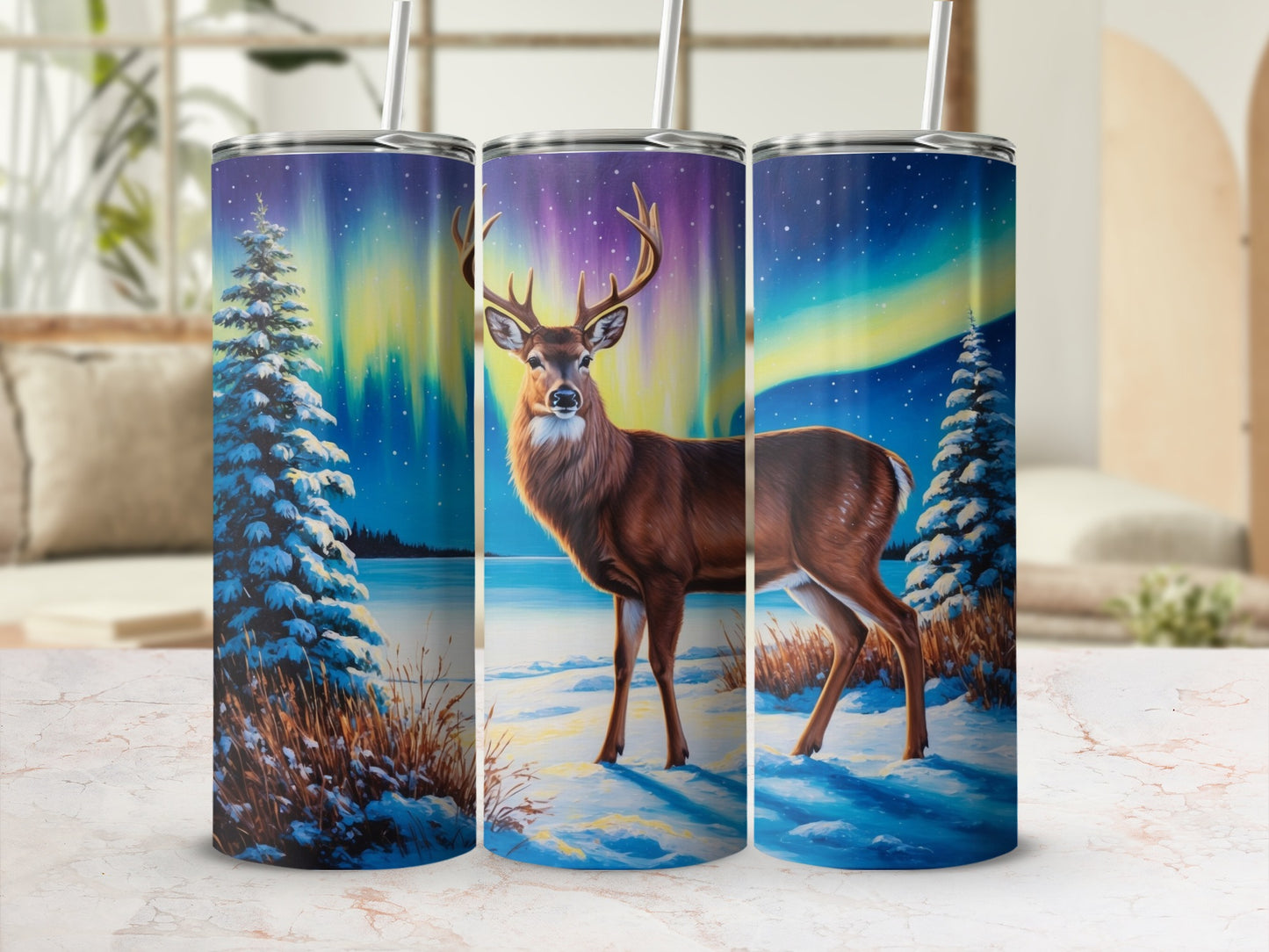 Deer in snowy landscape under aurora borealis on a tumbler.