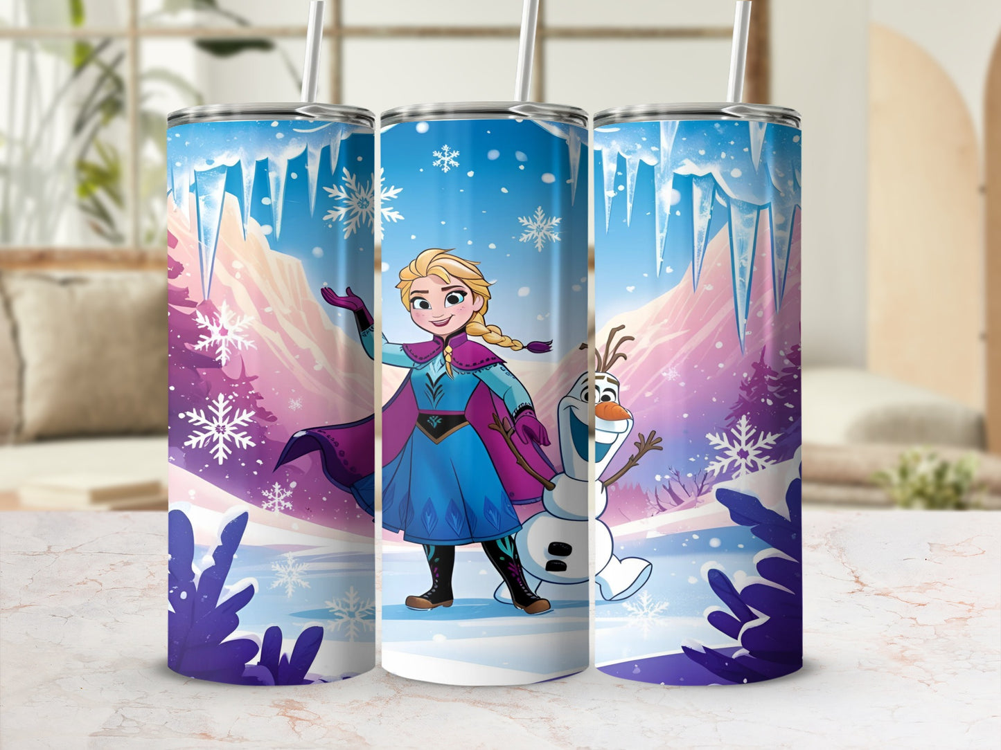 Frozen Elsa and Olaf on a snowy landscape tumbler.