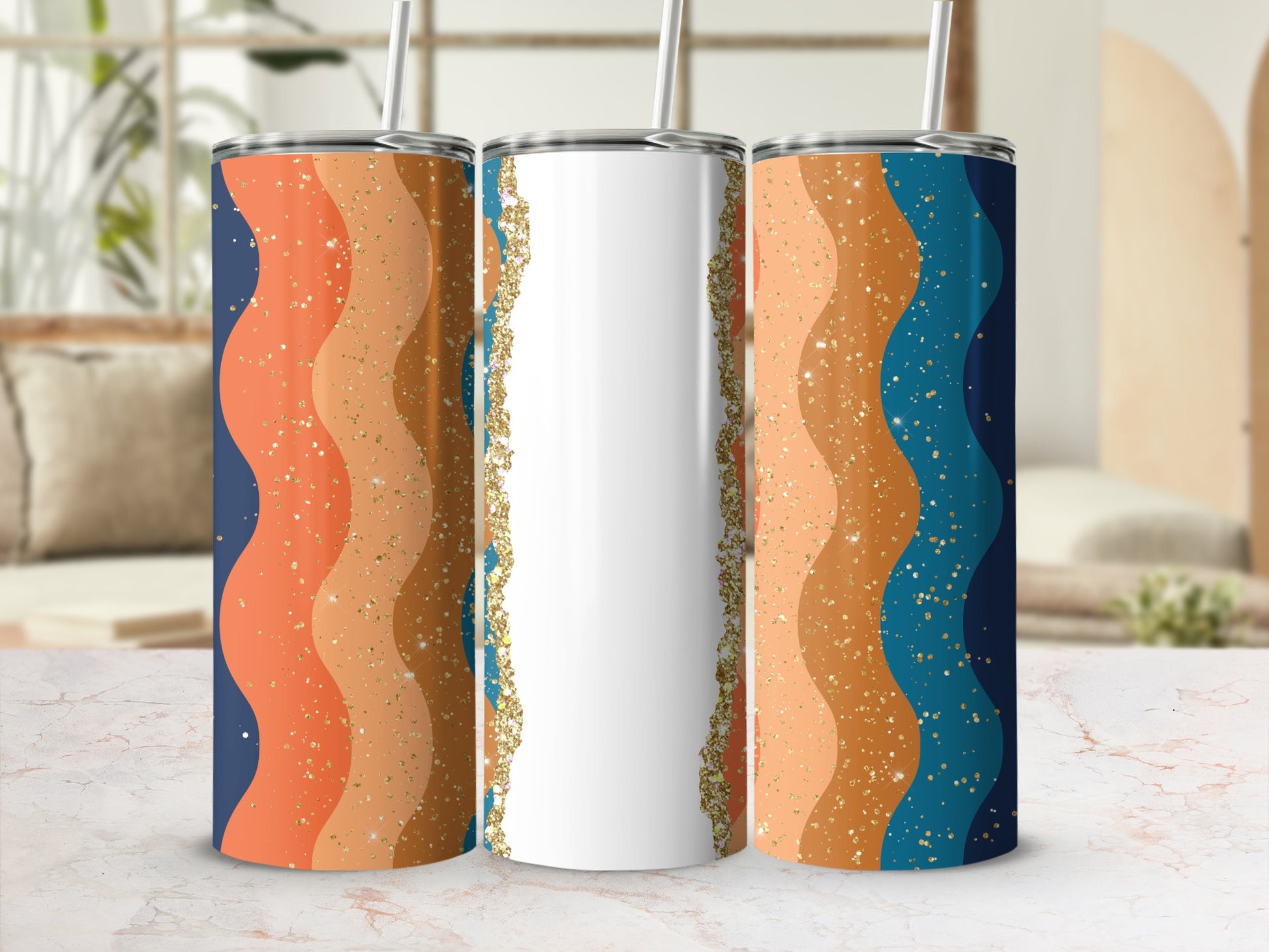 Tall skinny tumbler with wavy stripes of orange, gold glitter, and navy blue.