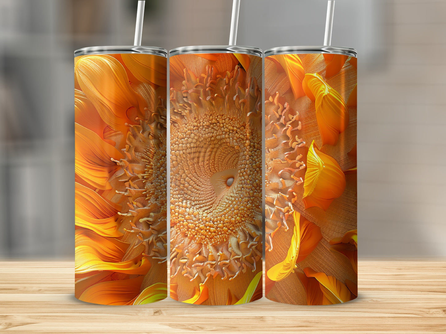 Three tumblers with a close-up sunflower petal design.