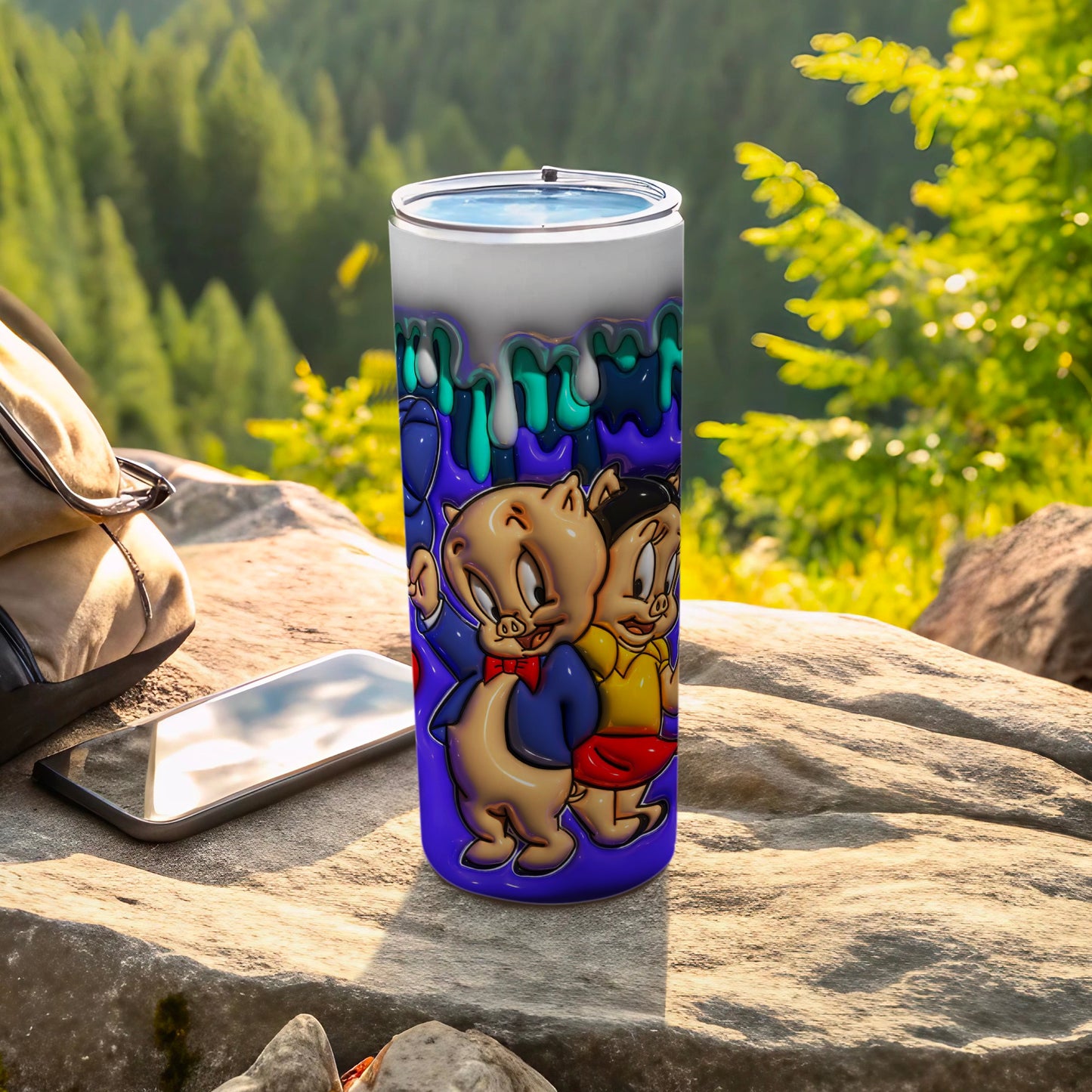 Vibrant Cartoon Pigs Themed Insulated Tumbler Flask
