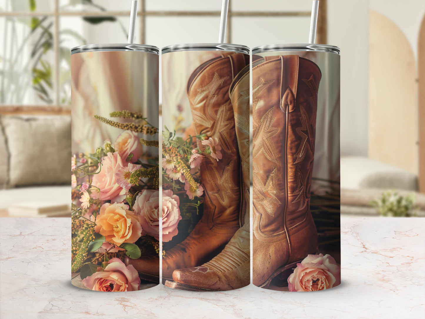 Western boots and floral arrangement on marbled surface.