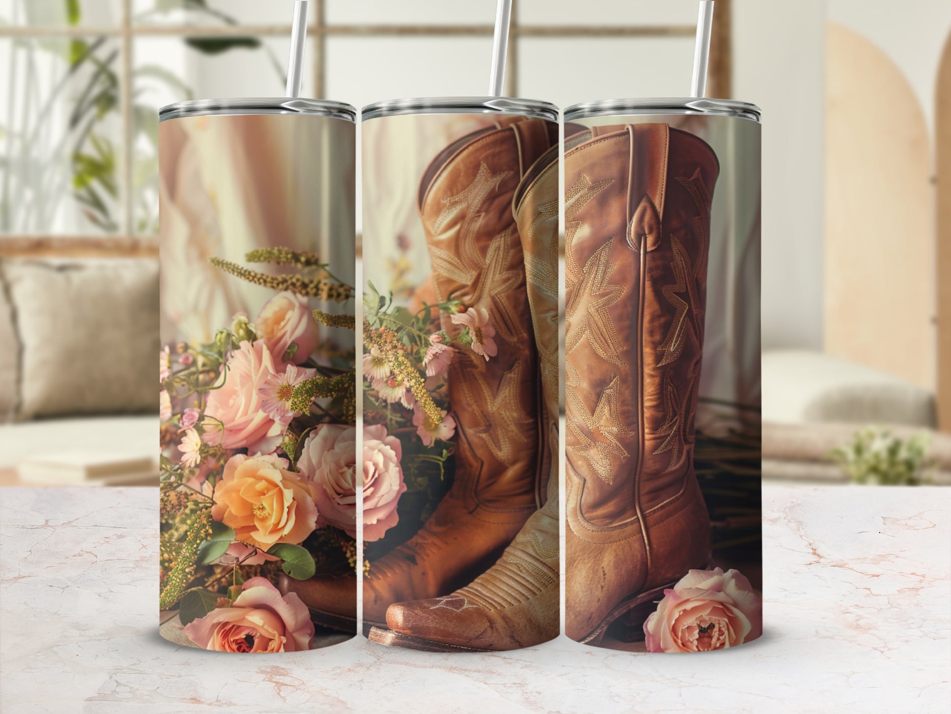 Western boots and floral arrangement on marbled surface.