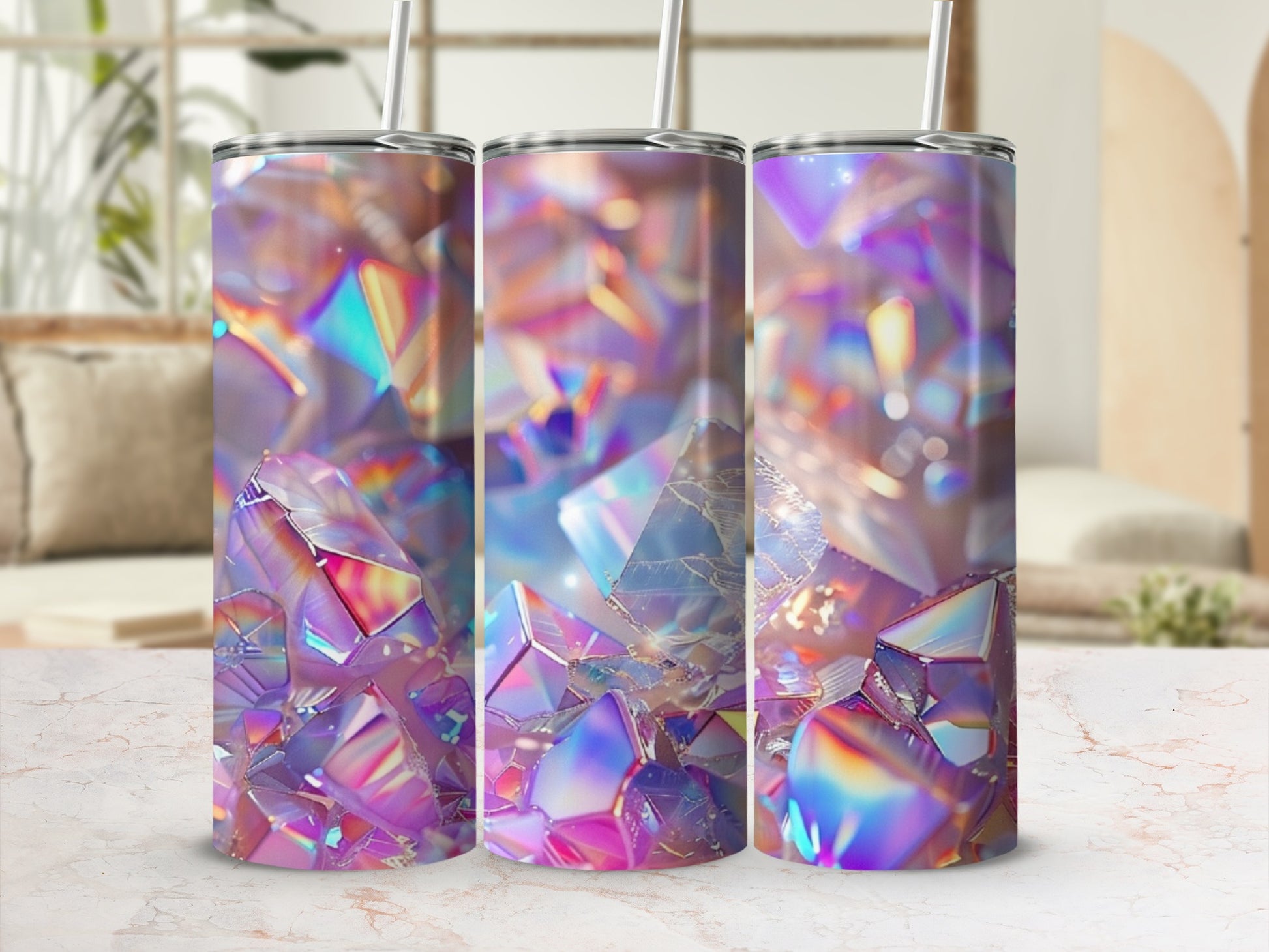 Three tumblers featuring a vibrant, iridescent crystal design.