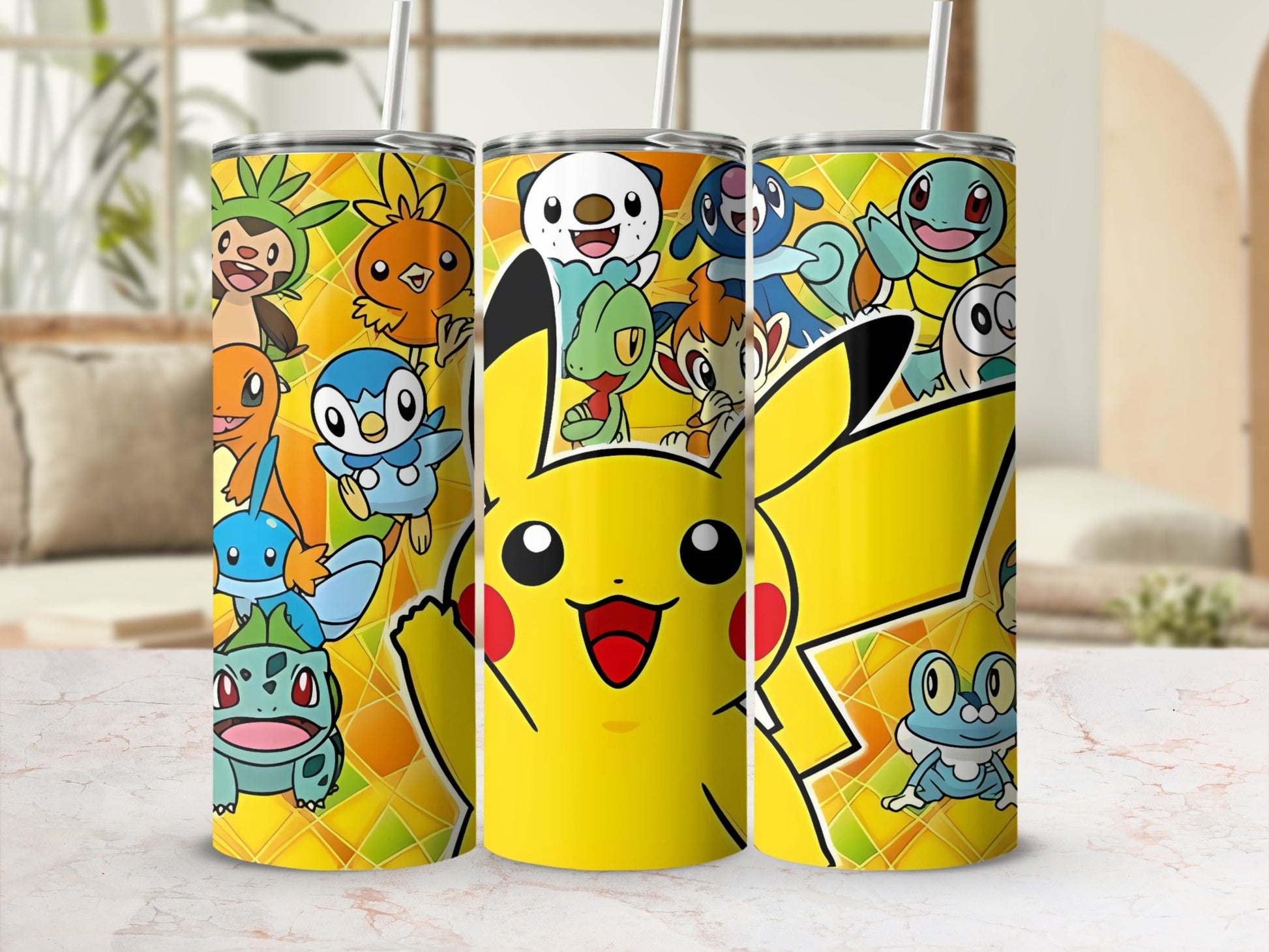 Colorful Pokemon Character Design Tumbler with Straw