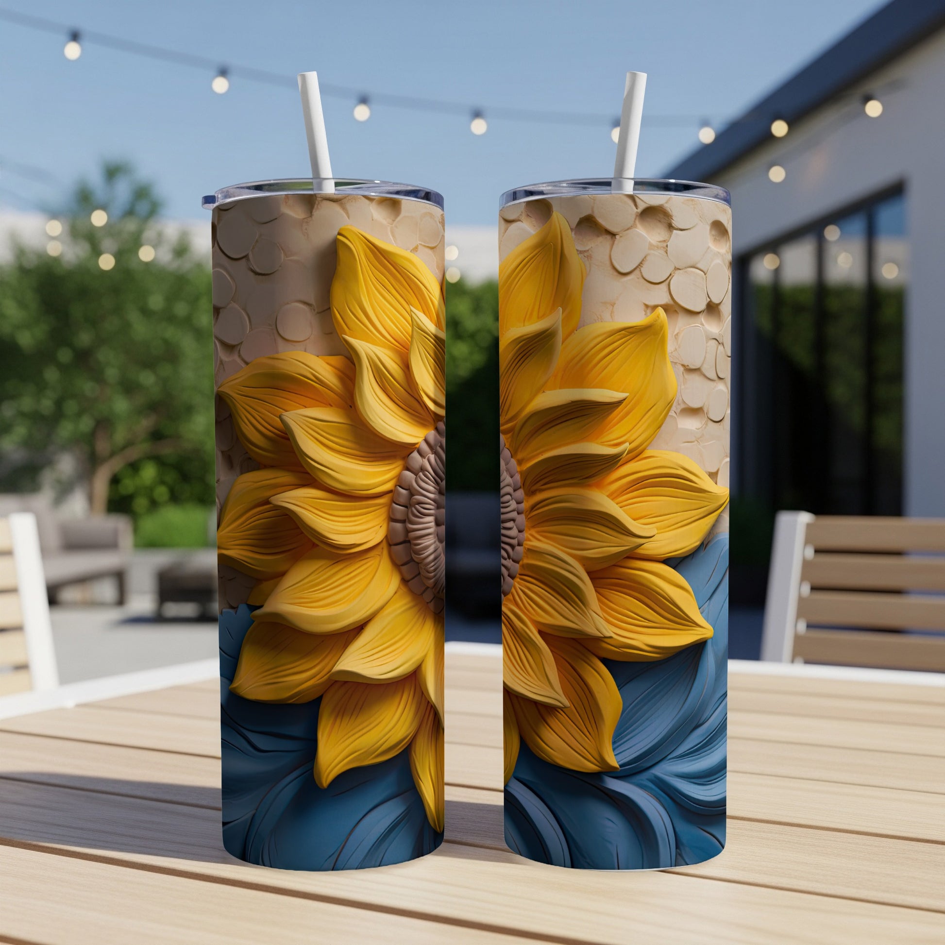 Two sun-themed tumblers with textured petals on a wooden table.