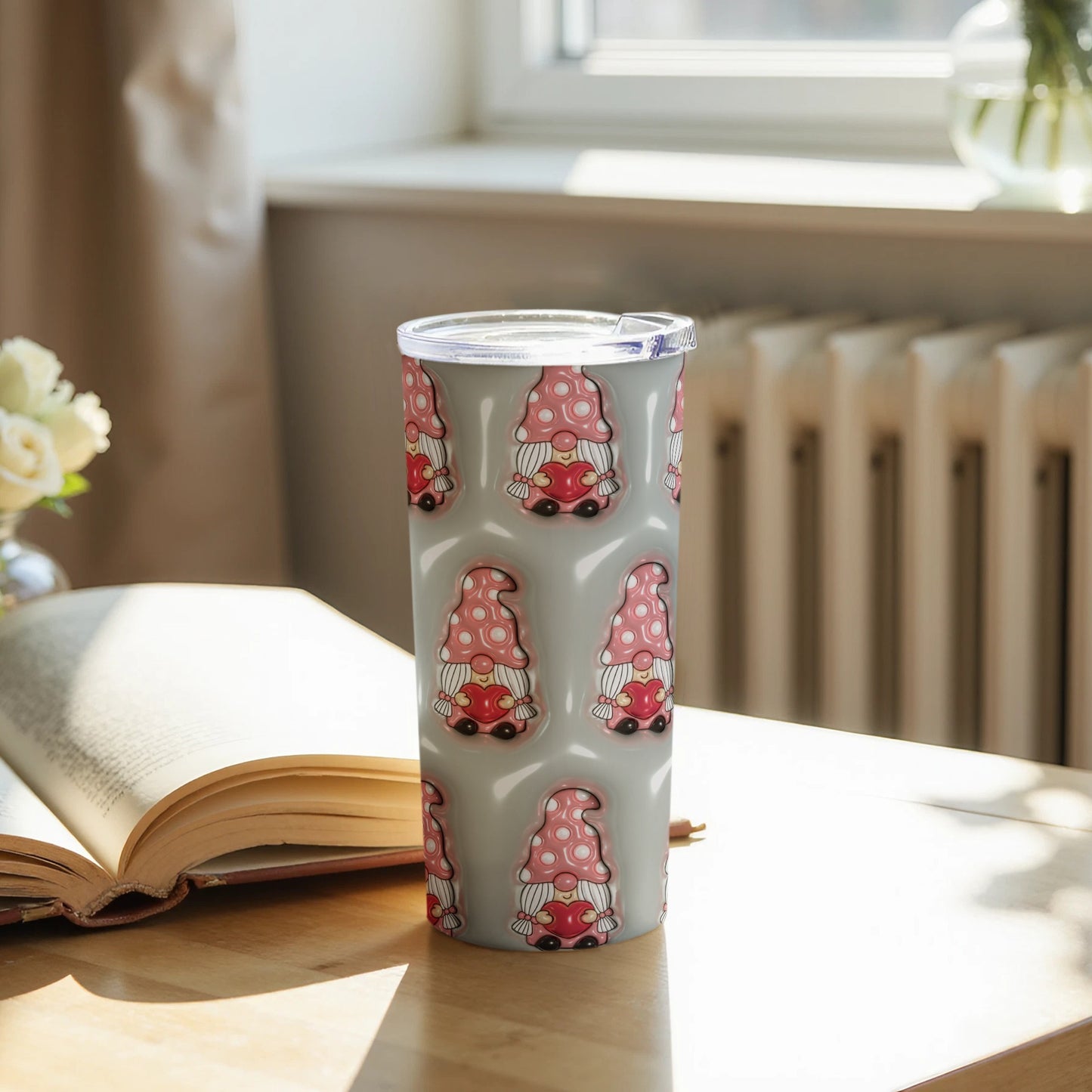 Cute Pink Gnome Design on White Travel Tumbler