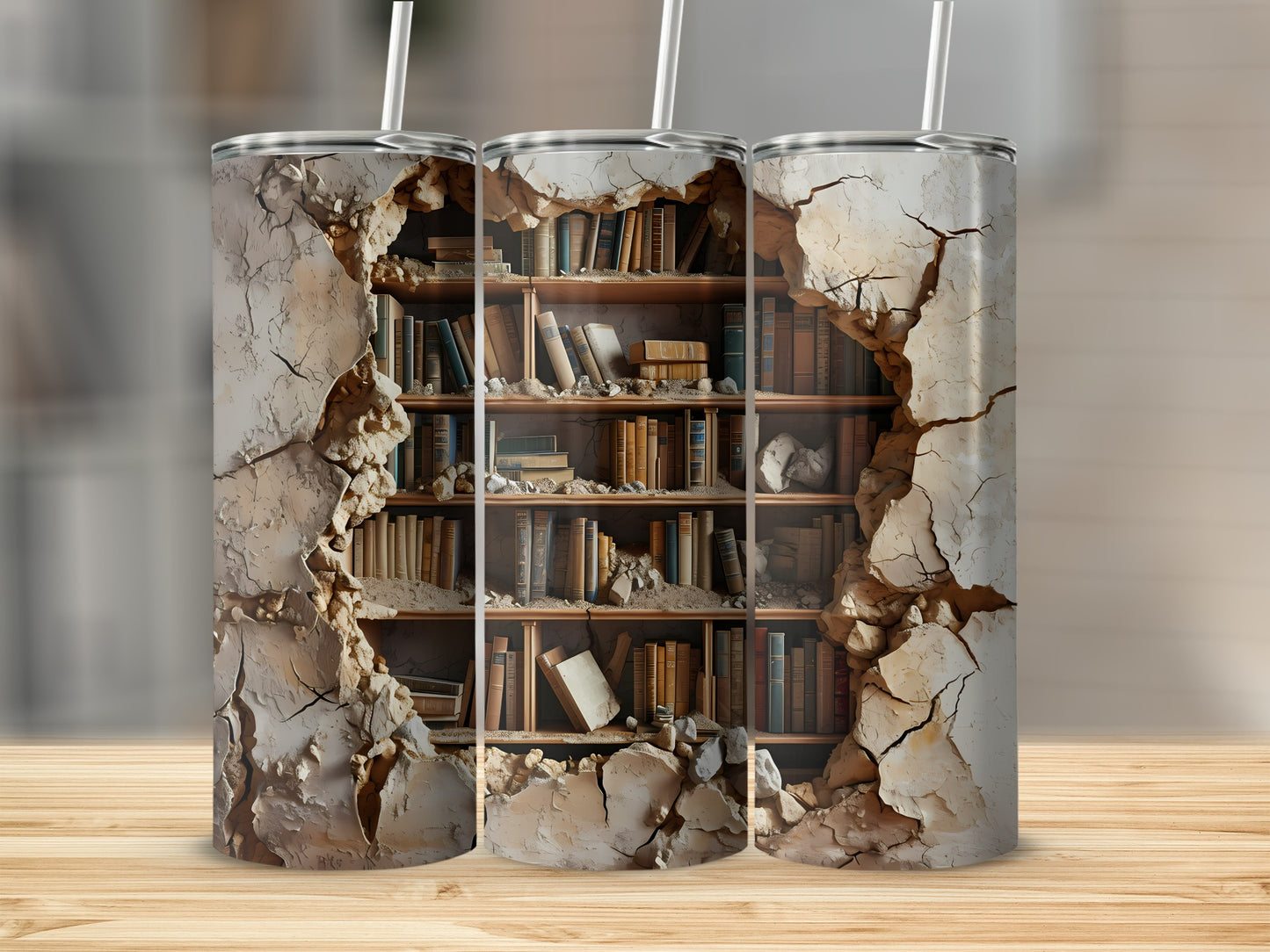 Three tumblers showing a bookshelf through cracked plaster.