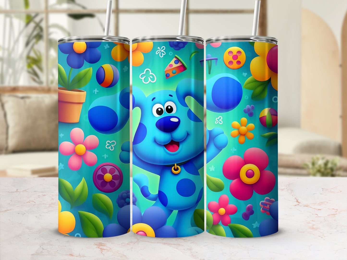Cute Blue Dog and Flowers Themed Tumbler product