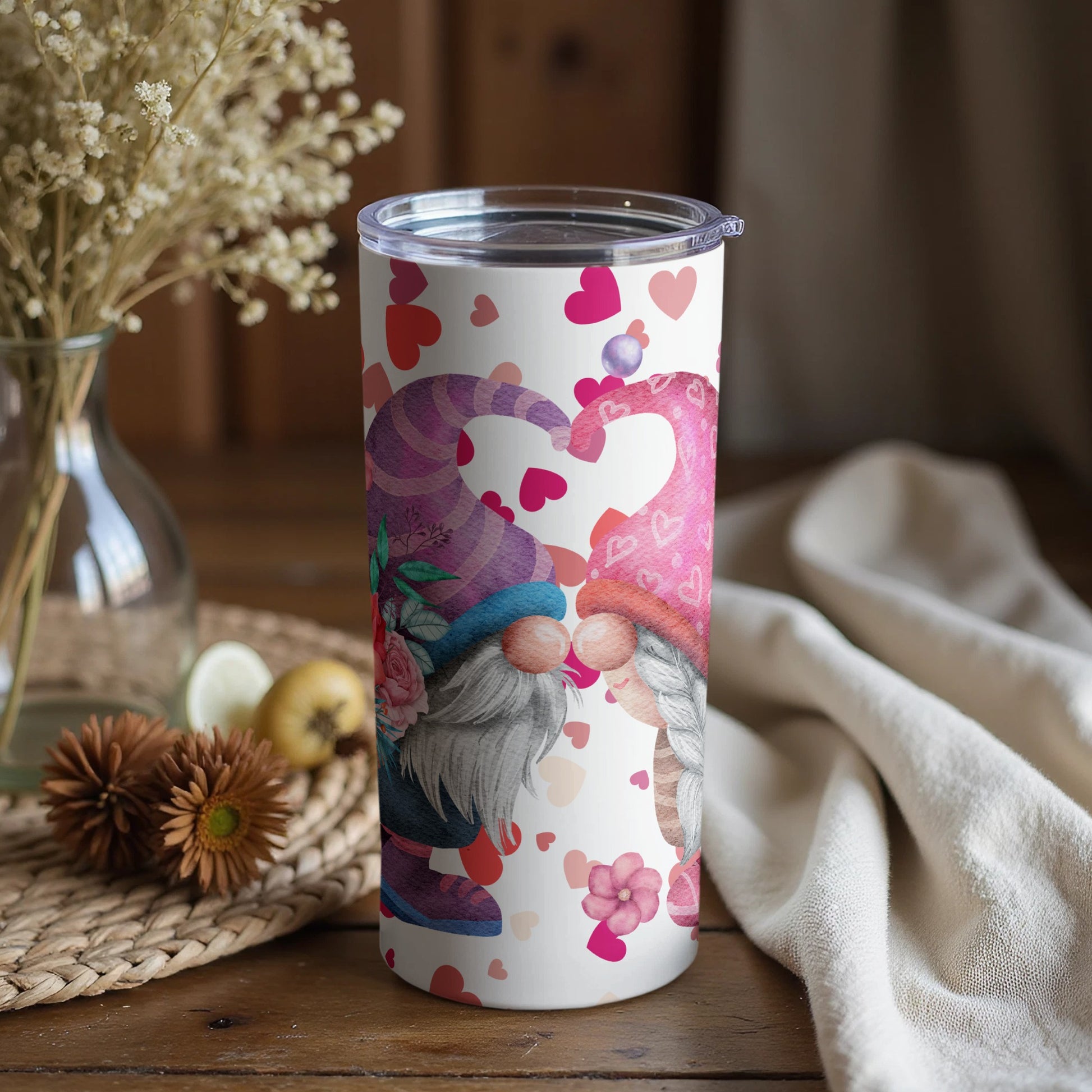 Adorable Gnome Couple with Hearts Travel Tumbler