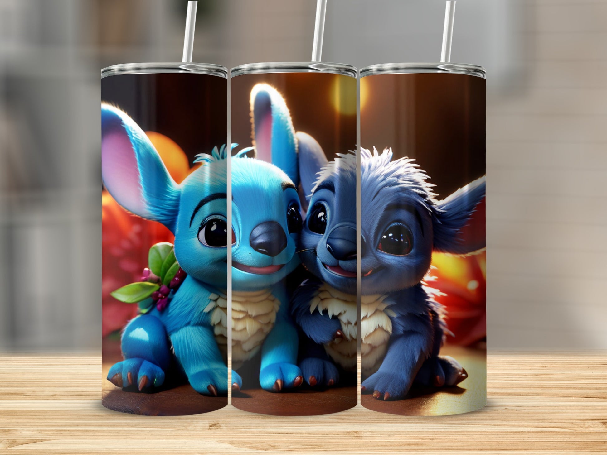 Two Stitch characters from Disney's Lilo & Stitch on a tumbler.