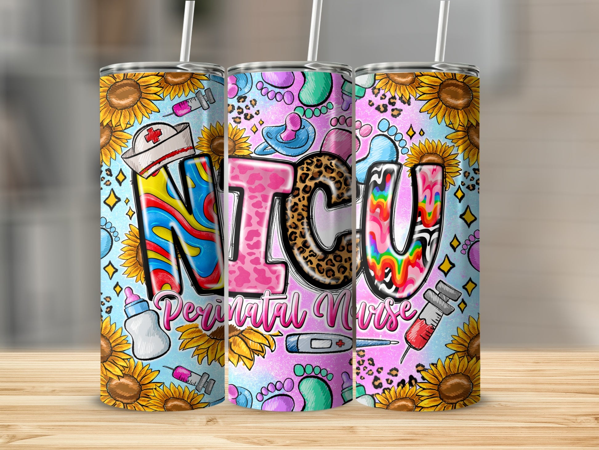 NICU Perinatal Nurse tumbler with sunflowers, stethoscope, and baby items.