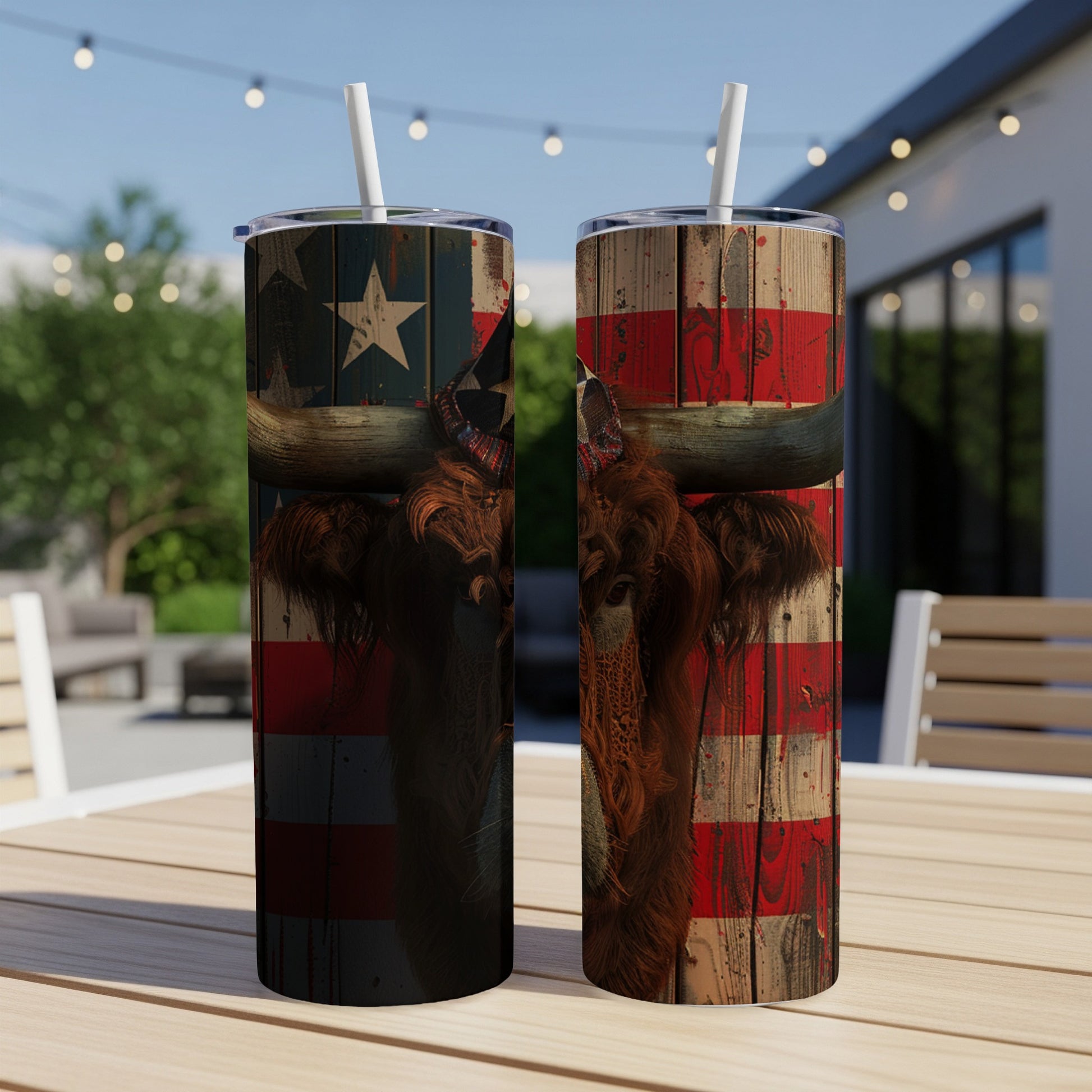 Two tumblers with a rustic American flag and bull design.
