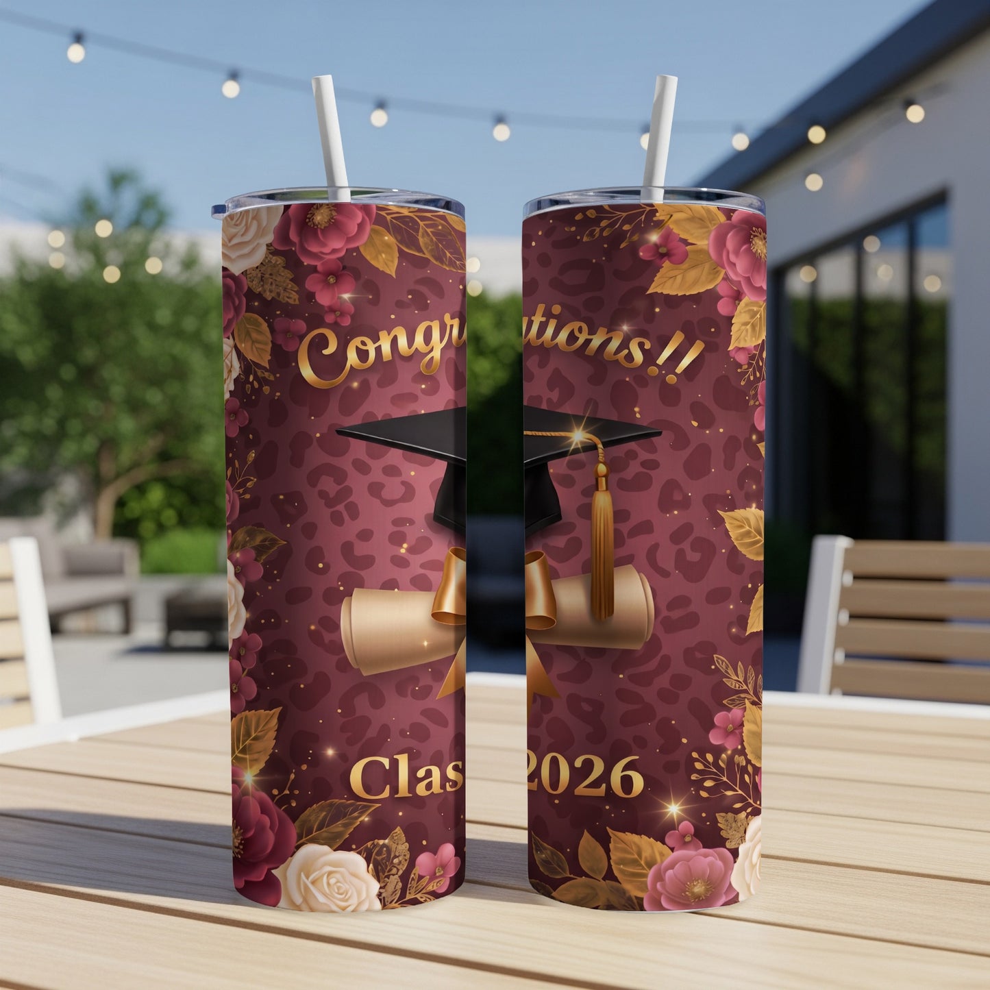 Burgundy tumbler with leopard print, graduation cap, diploma, and "Class 2026" text.