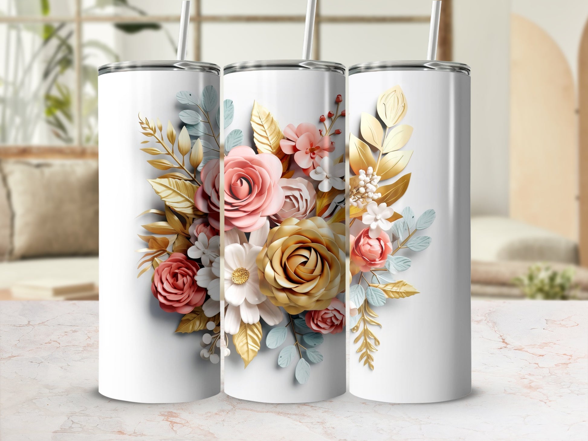Elegant Floral Design White Tumblers for Daily Use