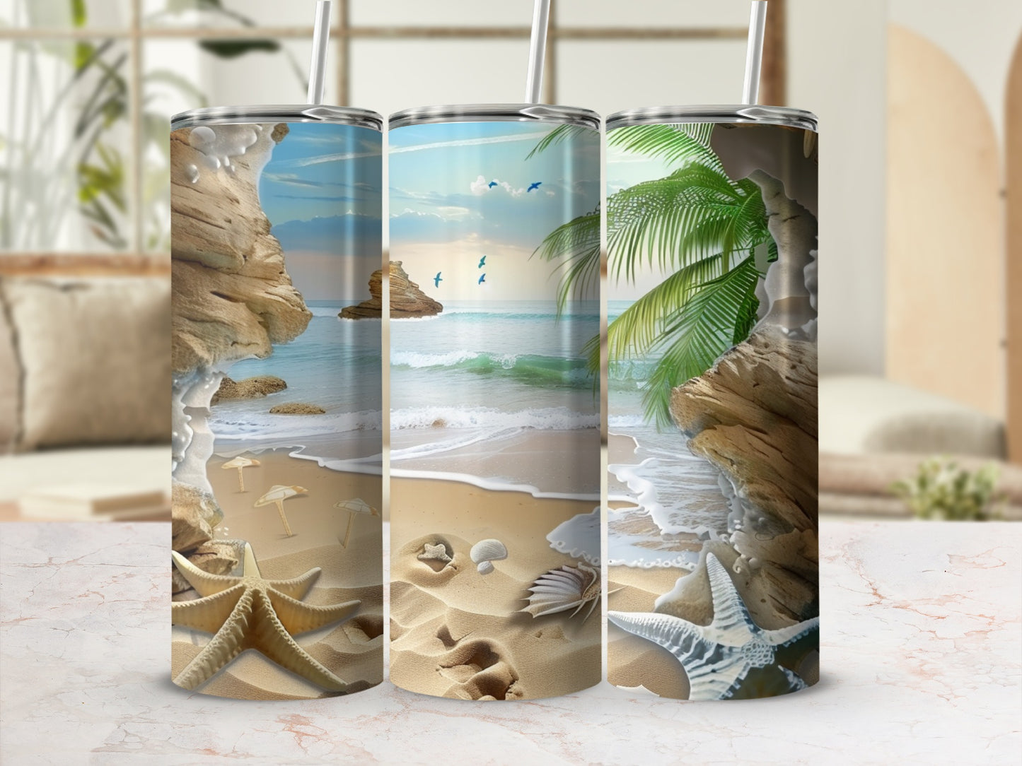 Beach scene with starfish and shells on sand, tropical palm tree, and ocean waves.