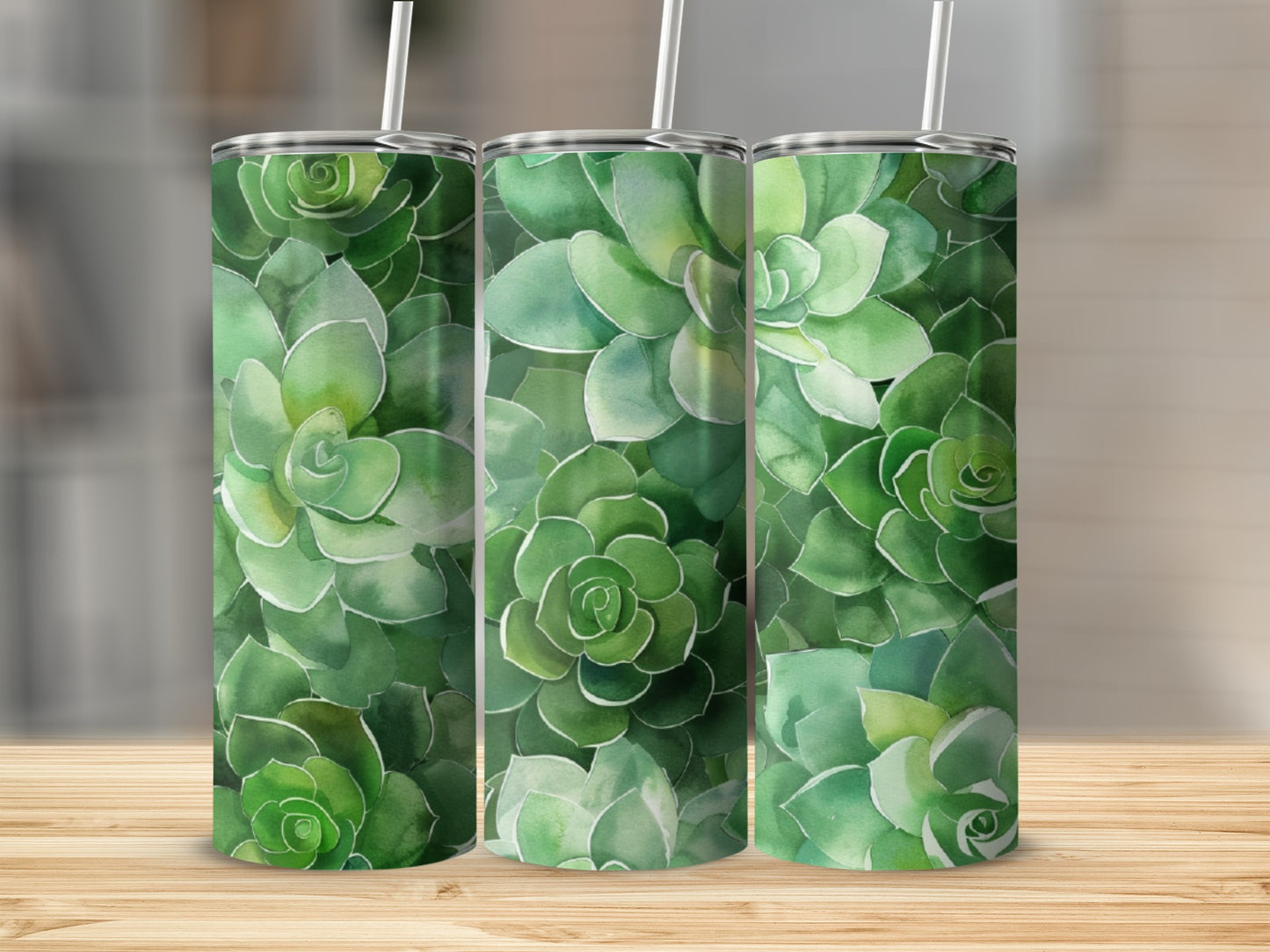 Three tumblers with a repeating succulent plant pattern.
