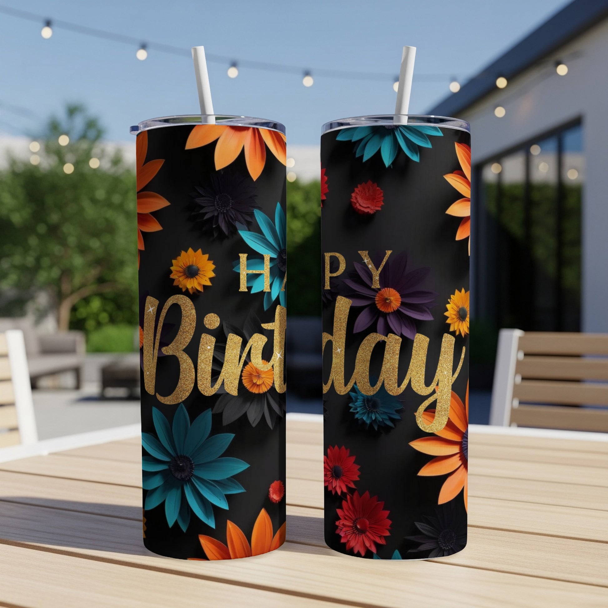 Black tumbler with "Happy Birthday" text and colorful floral accents.