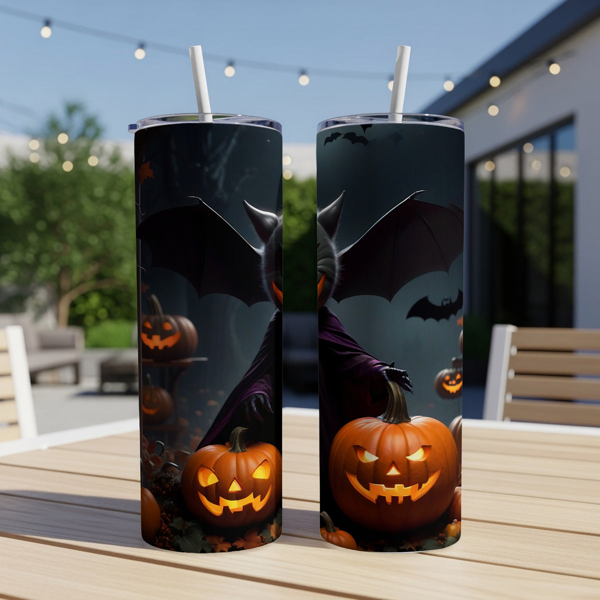 Two tumblers feature a Halloween design with a bat creature and jack-o'-lanterns.