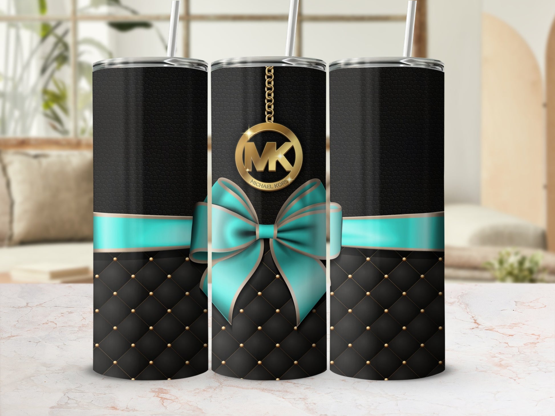 Elegant Black Tumbler with Aqua Bow and Gold Accents