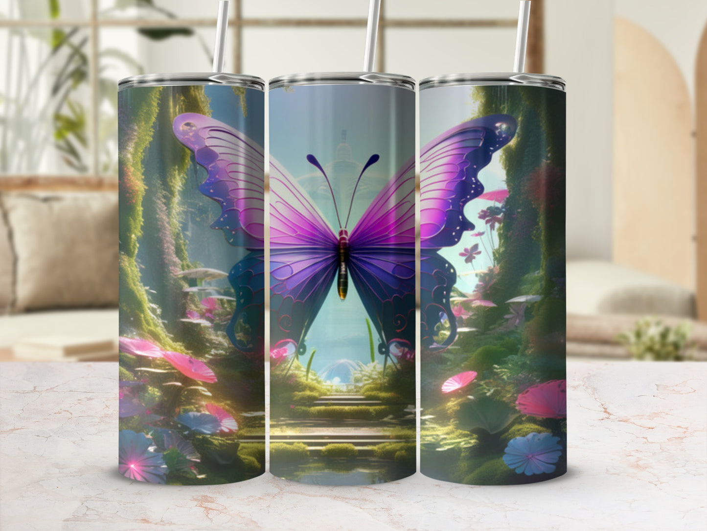 Purple butterfly on a vibrant nature scene with flowers and steps.