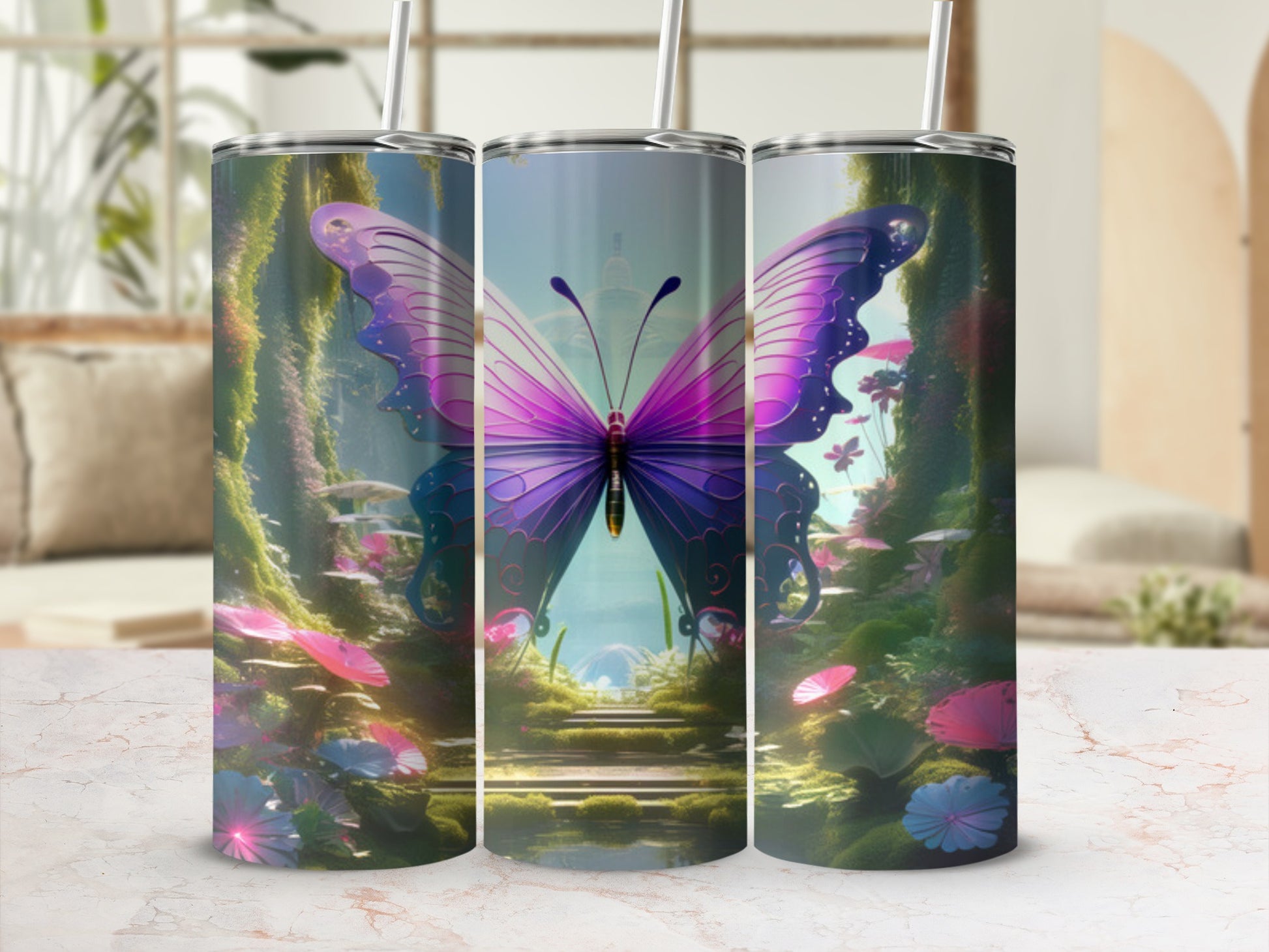 Purple butterfly on a vibrant nature scene with flowers and steps.