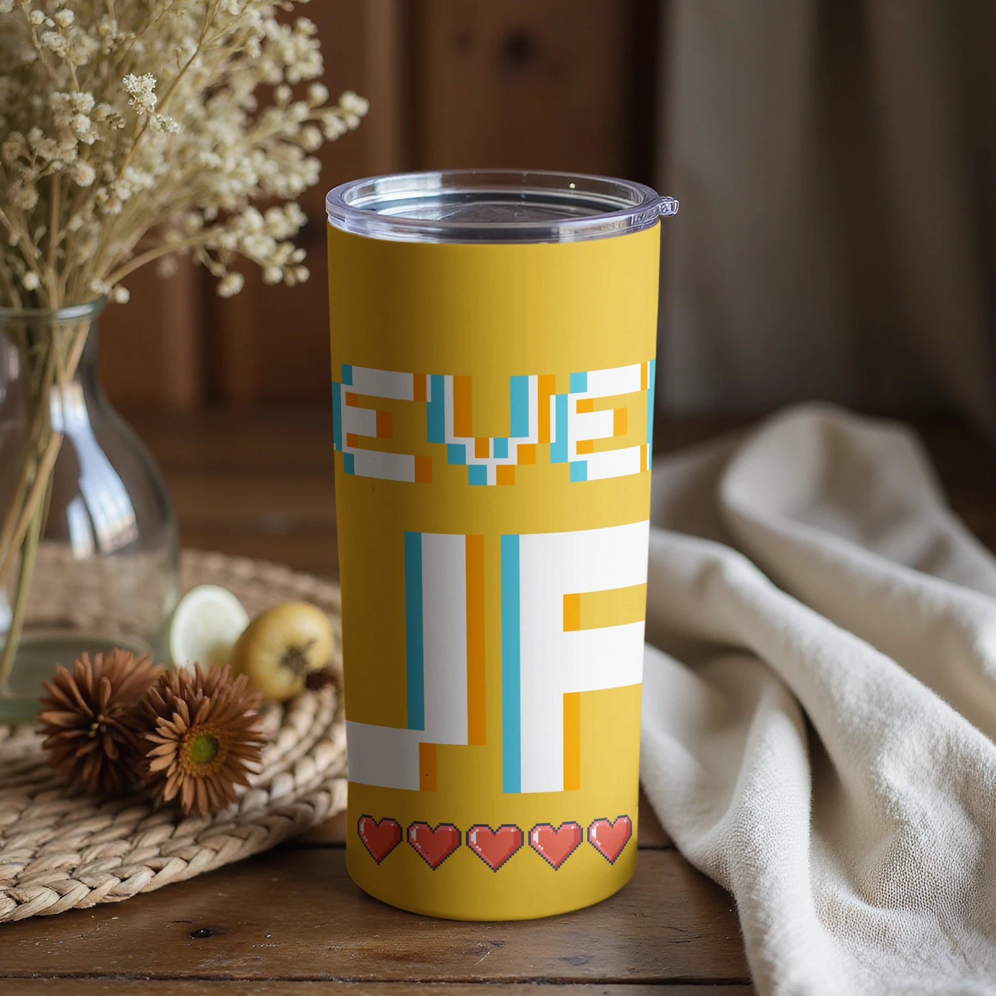 Level Up Yellow Tumbler with Pixel Art Design