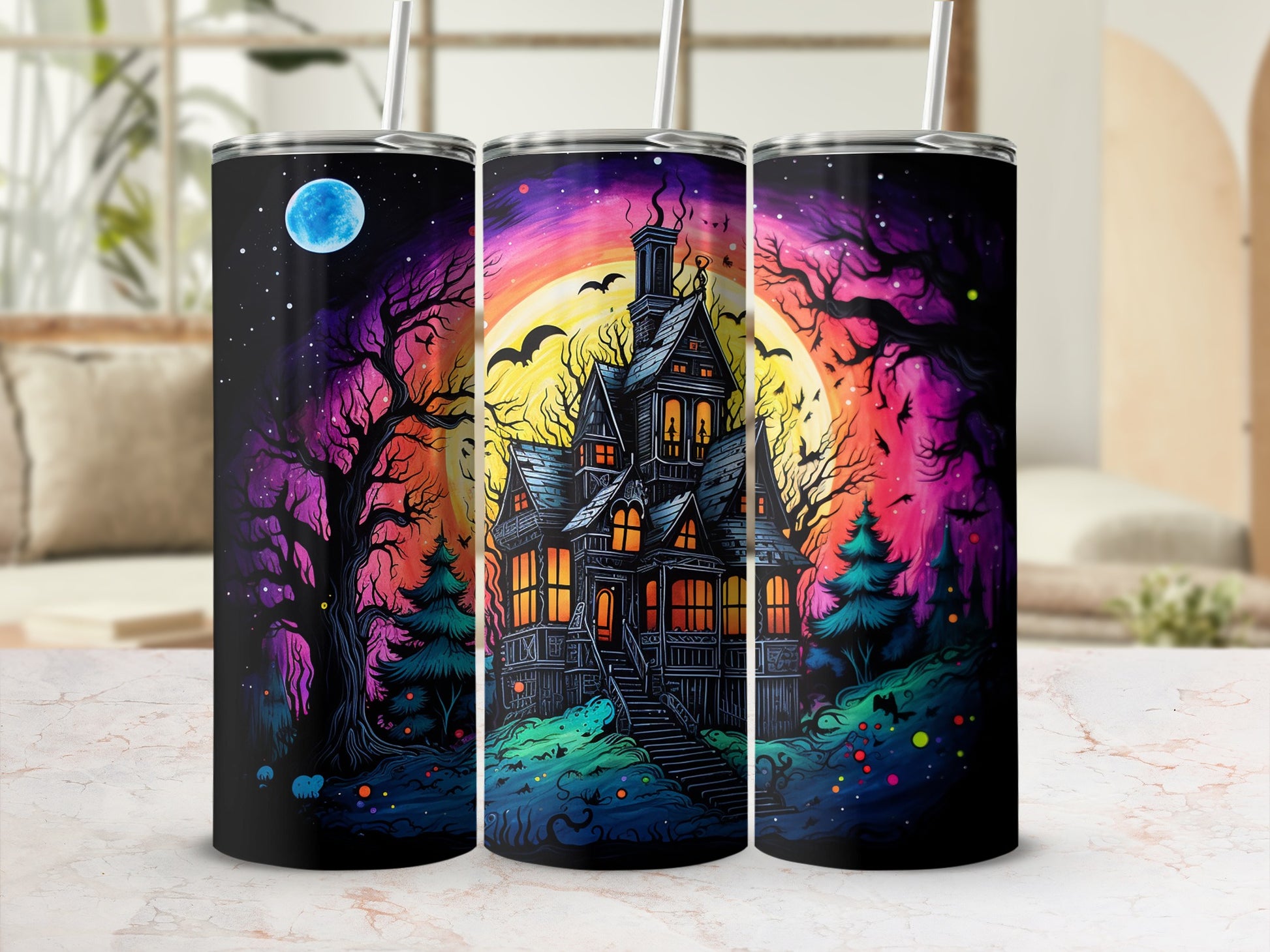 Spooky Haunted House Halloween Tumbler with Moon Scene