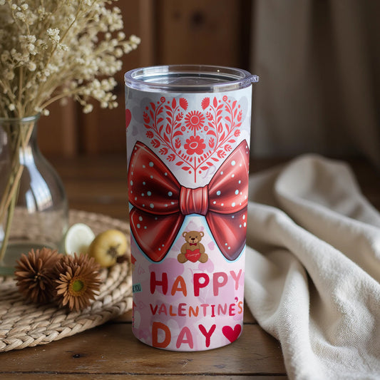 Happy Valentines Day Tumbler with Red Bow Design